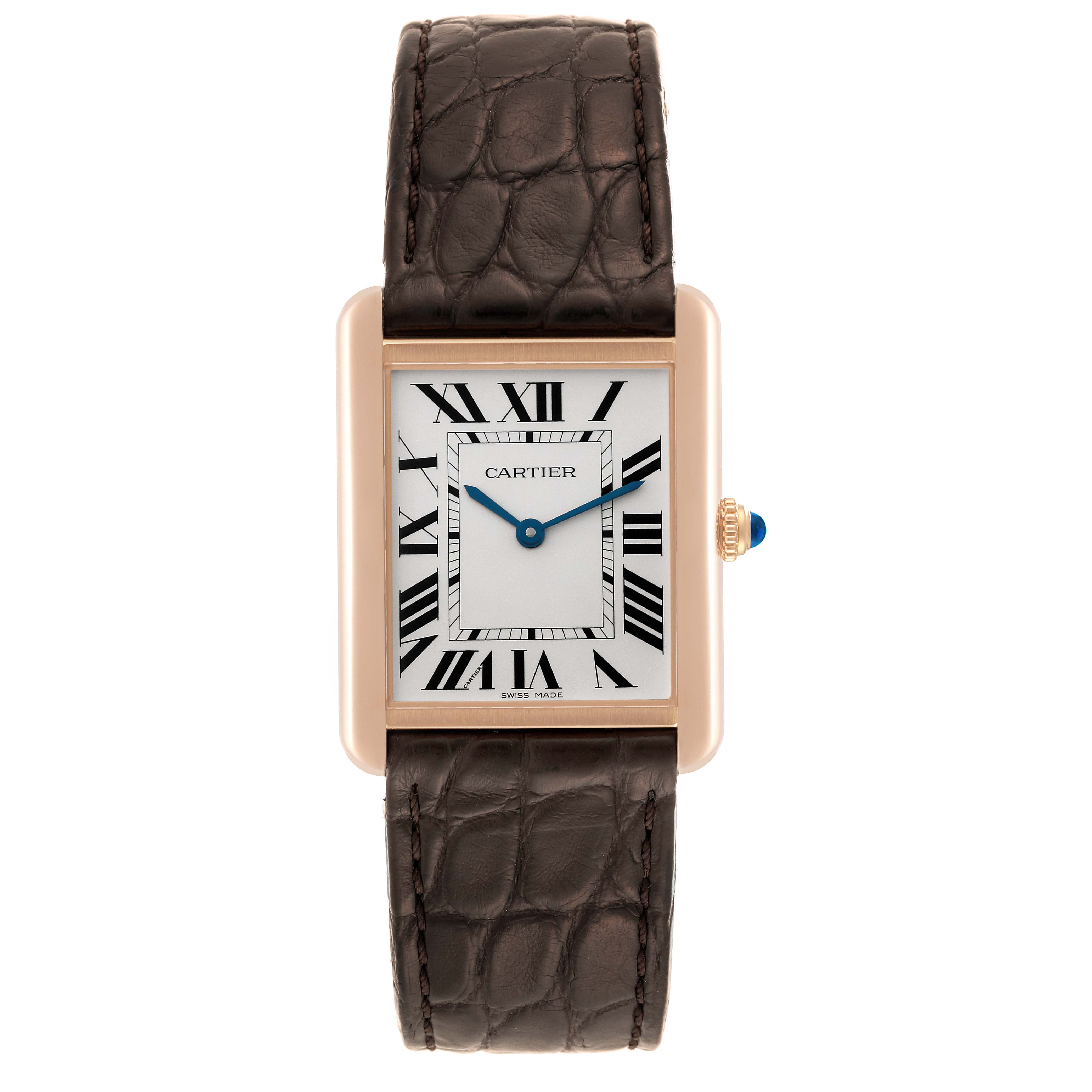 The image shows a Cartier Tank Solo W5200025 Men's Rose Gold Silver Dial W5200025 Men's Rose Gold Silver Dial watch from a front angle, highlighting the dial, hands, case, and strap.