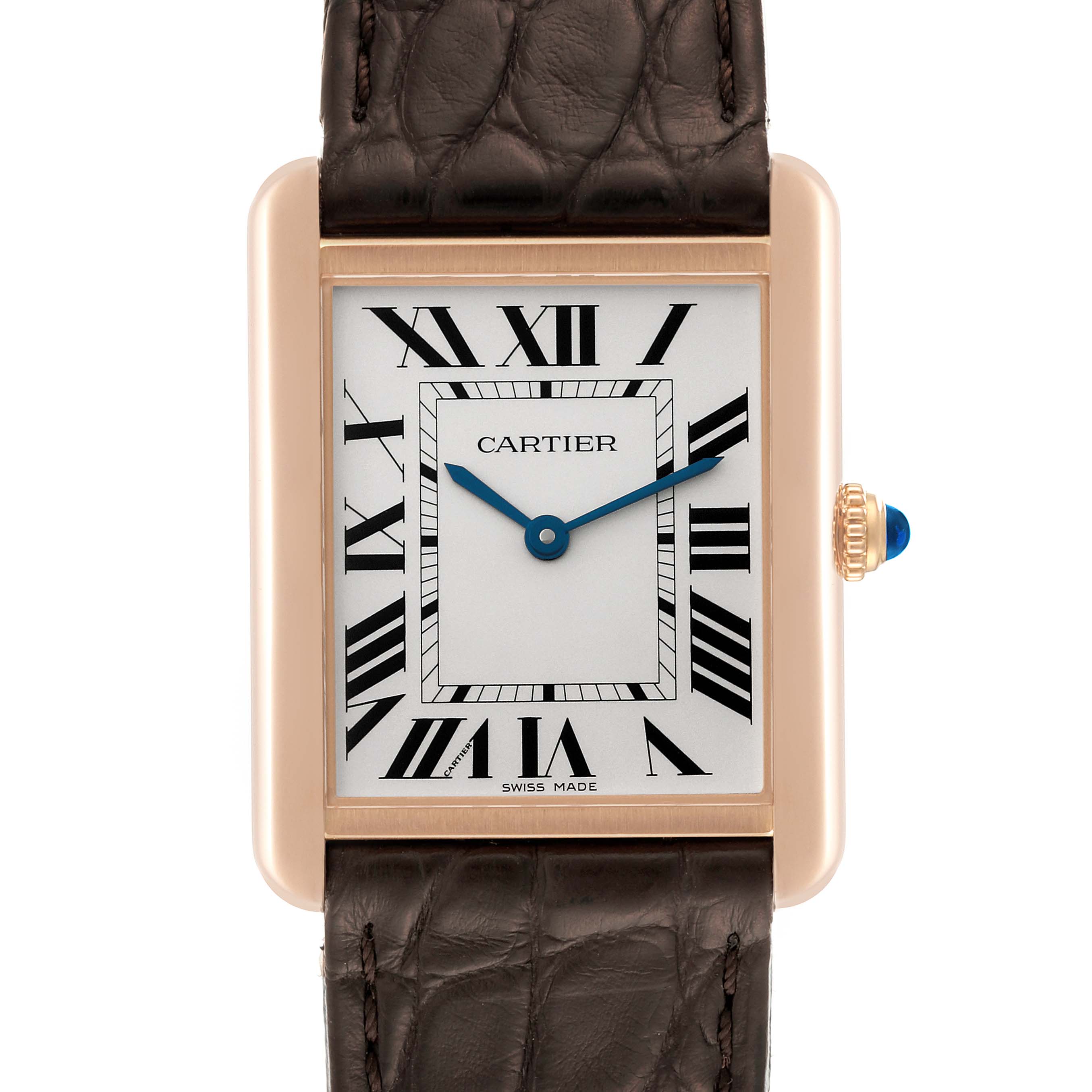 The image shows a front view of the Cartier Tank Solo W5200025 Men's Rose Gold Silver Dial W5200025 Men's Rose Gold Silver Dial watch, displaying the dial, case, crown, and part of the leather strap.