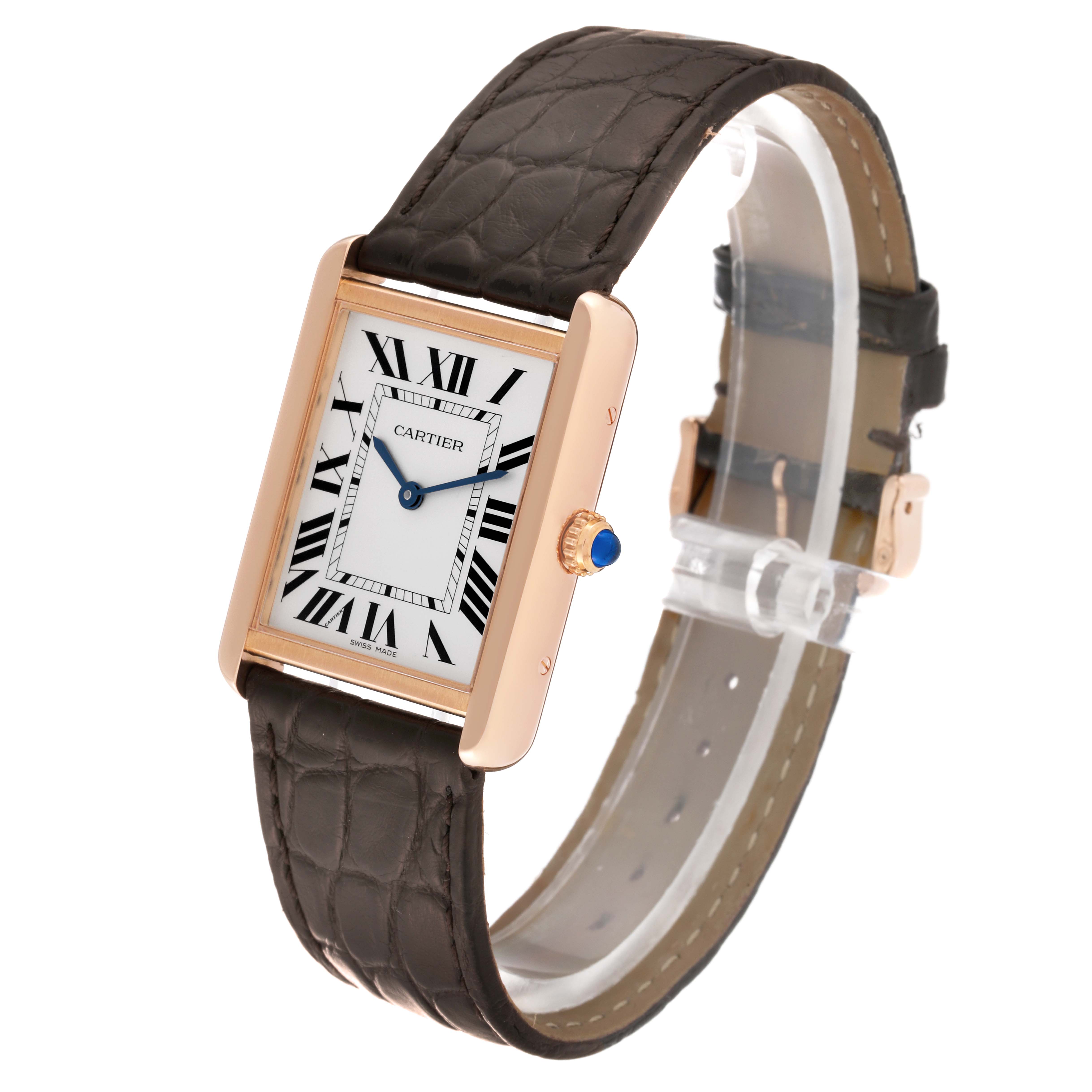 The Cartier Tank Solo W5200025 Men's Rose Gold Silver Dial W5200025 Men's Rose Gold Silver Dial watch is pictured at a slight angle, showcasing the dial, crown, and leather strap.