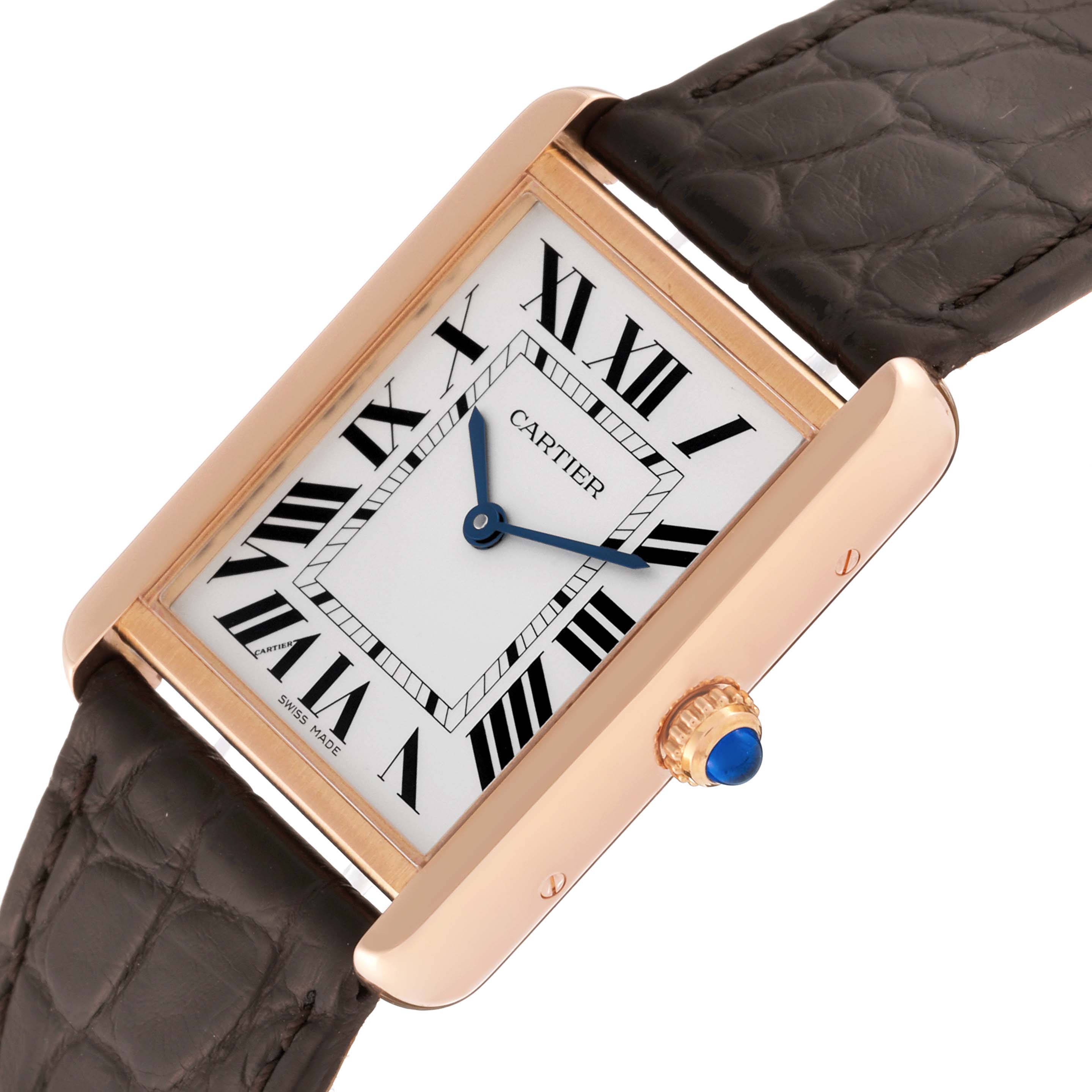 This image shows a Cartier Tank Solo W5200025 Men's Rose Gold Silver Dial W5200025 Men's Rose Gold Silver Dial watch angled to display its rectangular face, Roman numerals, and leather strap.