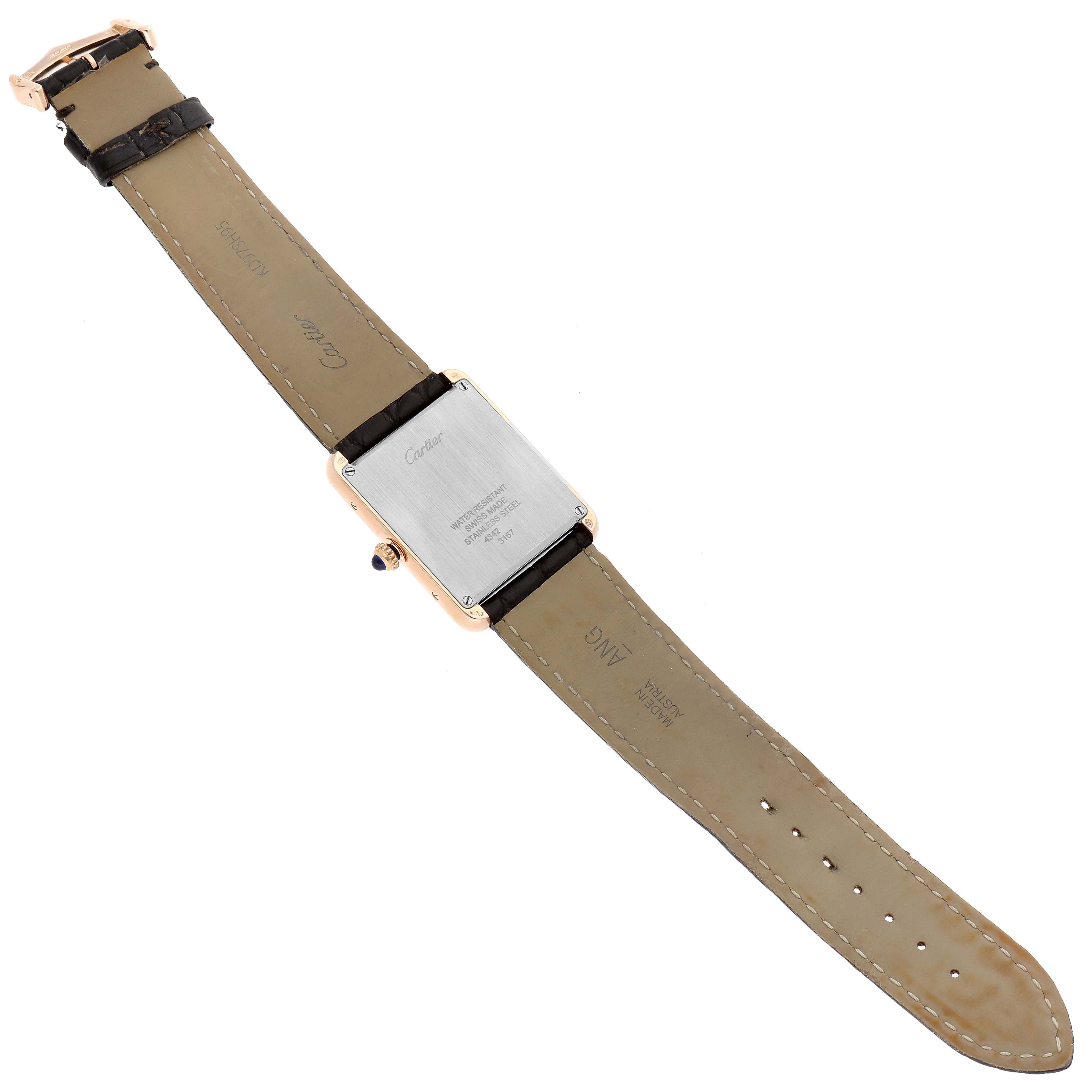 The image shows the back view of a Cartier Tank Solo W5200025 Men's Rose Gold Silver Dial W5200025 Men's Rose Gold Silver Dial watch, displaying the strap, back case, and clasp.