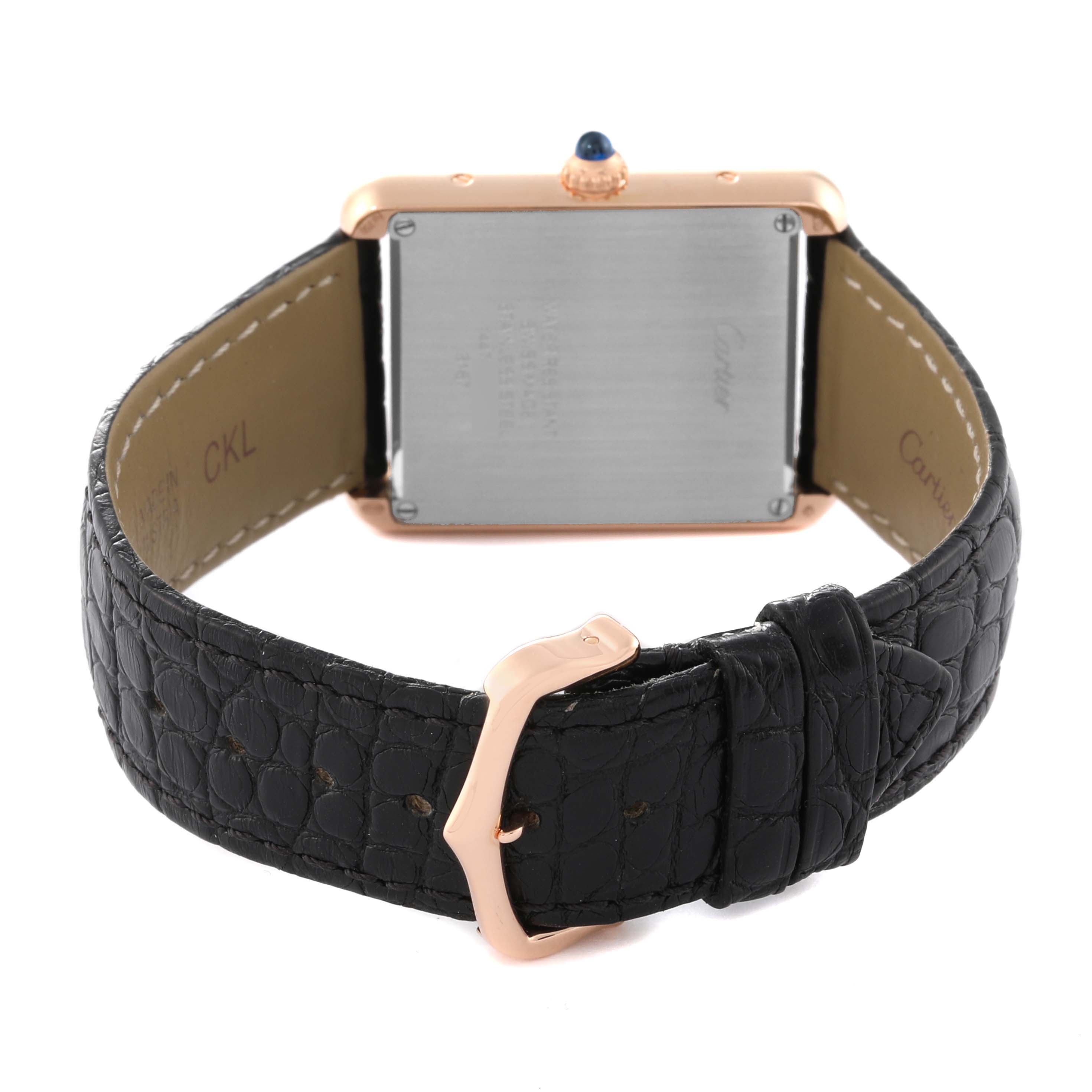 The image shows the back view of a Cartier Tank Solo W5200025 Men's Rose Gold Silver Dial W5200025 Men's Rose Gold Silver Dial watch, highlighting the case back, leather strap, and buckle.