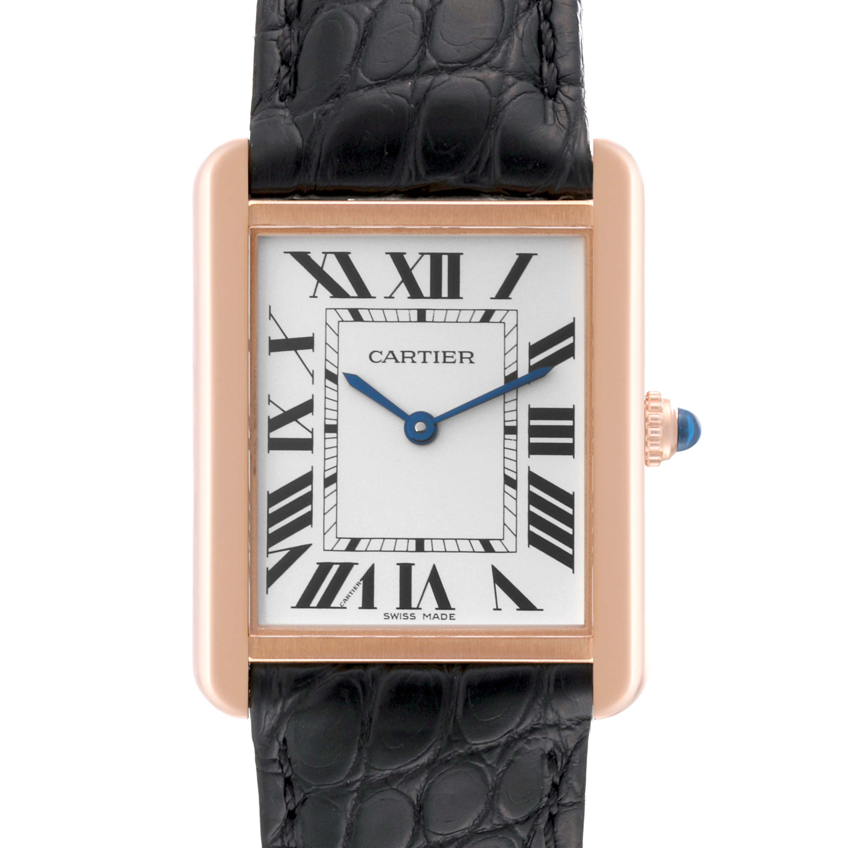 This image shows a front view of the Cartier Tank Solo W5200025 Men's Rose Gold Silver Dial W5200025 Men's Rose Gold Silver Dial watch, featuring its rectangular case, Roman numeral dial, and leather strap.