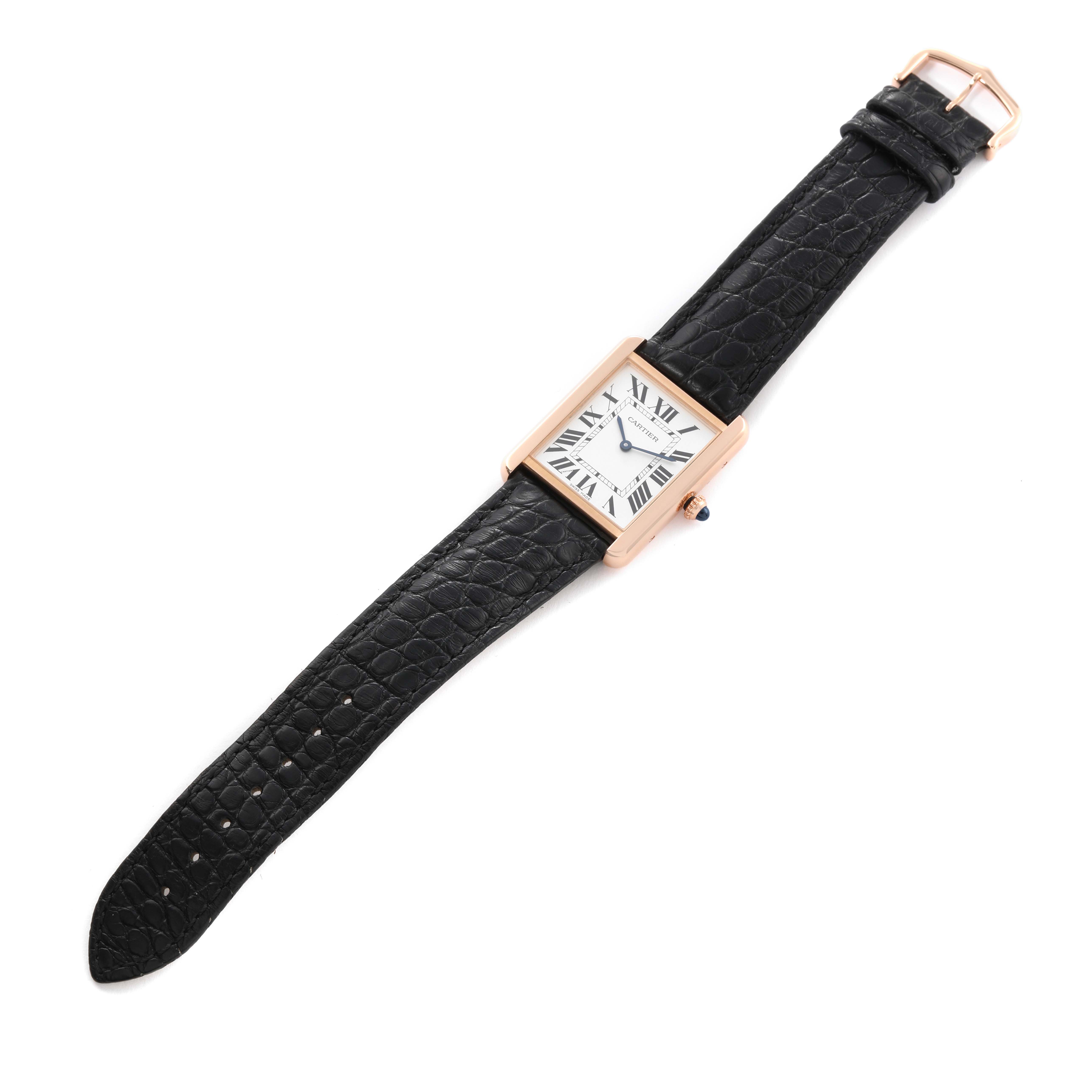 The image shows a Cartier Tank Solo W5200025 Men's Rose Gold Silver Dial W5200025 Men's Rose Gold Silver Dial watch at a slightly tilted angle, displaying its rectangular face and black leather strap.