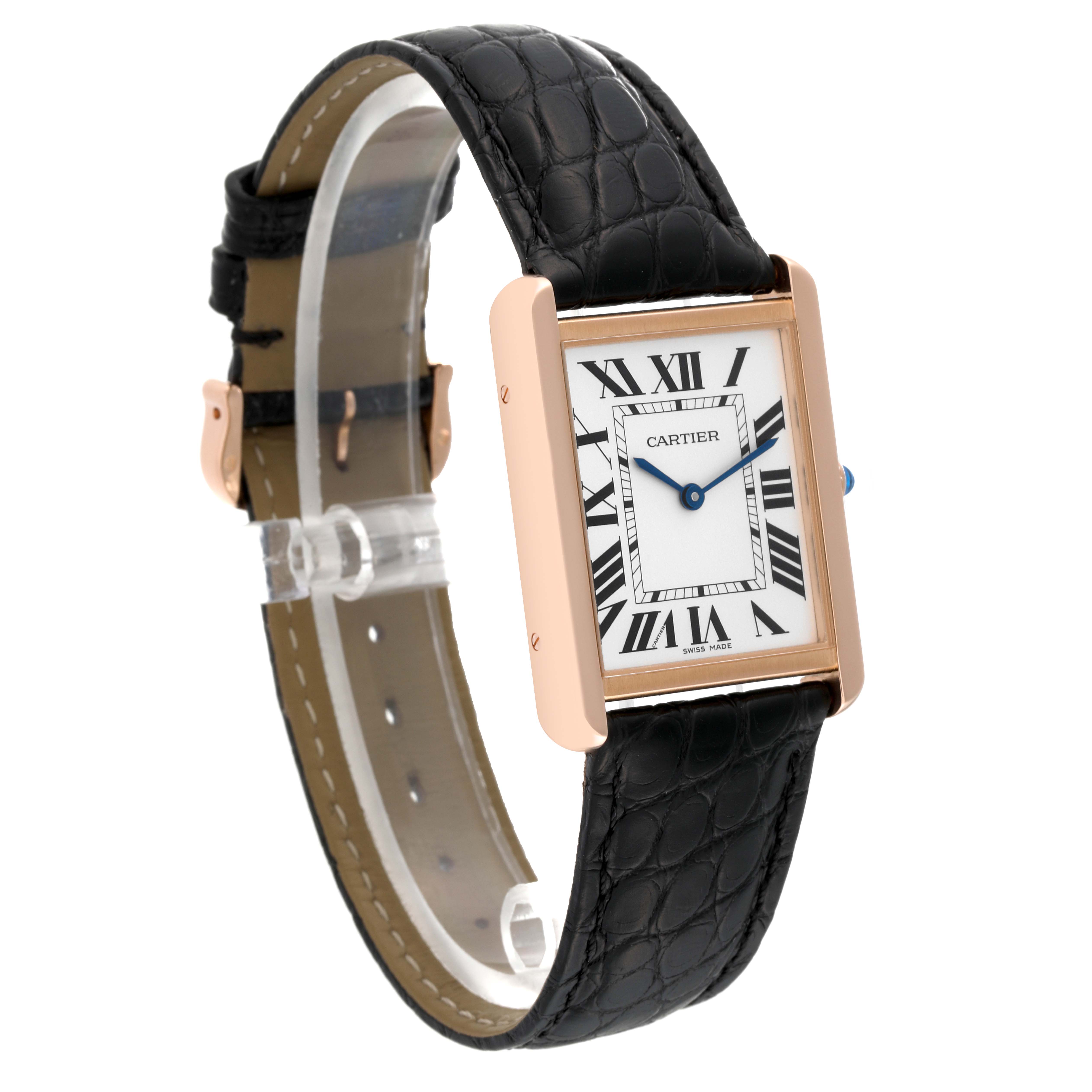 This image shows a Cartier Tank Solo W5200025 Men's Rose Gold Silver Dial W5200025 Men's Rose Gold Silver Dial watch with a square face, rose gold case, and black leather strap at a three-quarter angle.