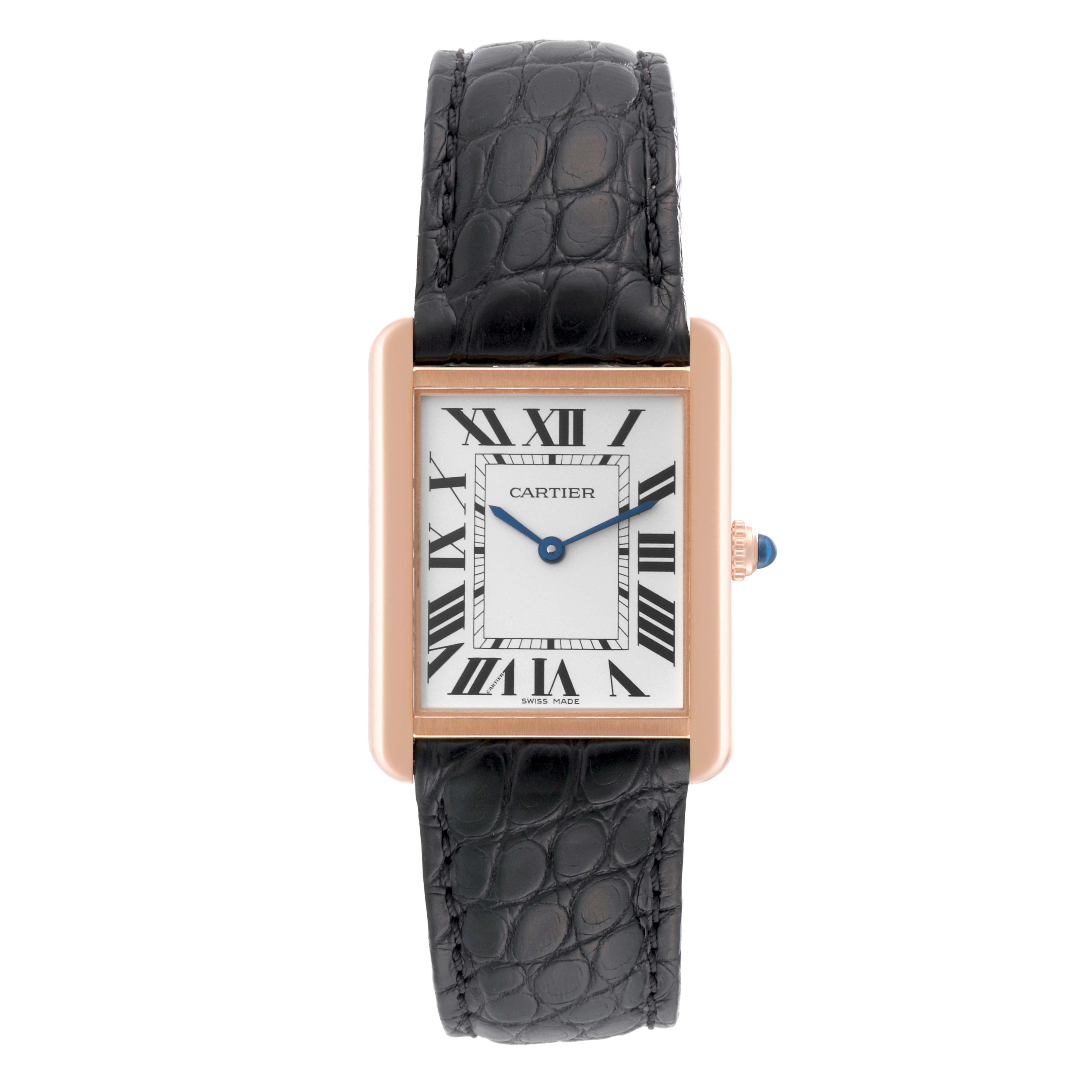 The image shows a Cartier Tank Solo W5200025 Men's Rose Gold Silver Dial W5200025 Men's Rose Gold Silver Dial watch from the front, displaying its black leather strap, rectangular gold case, and Roman numeral dial.