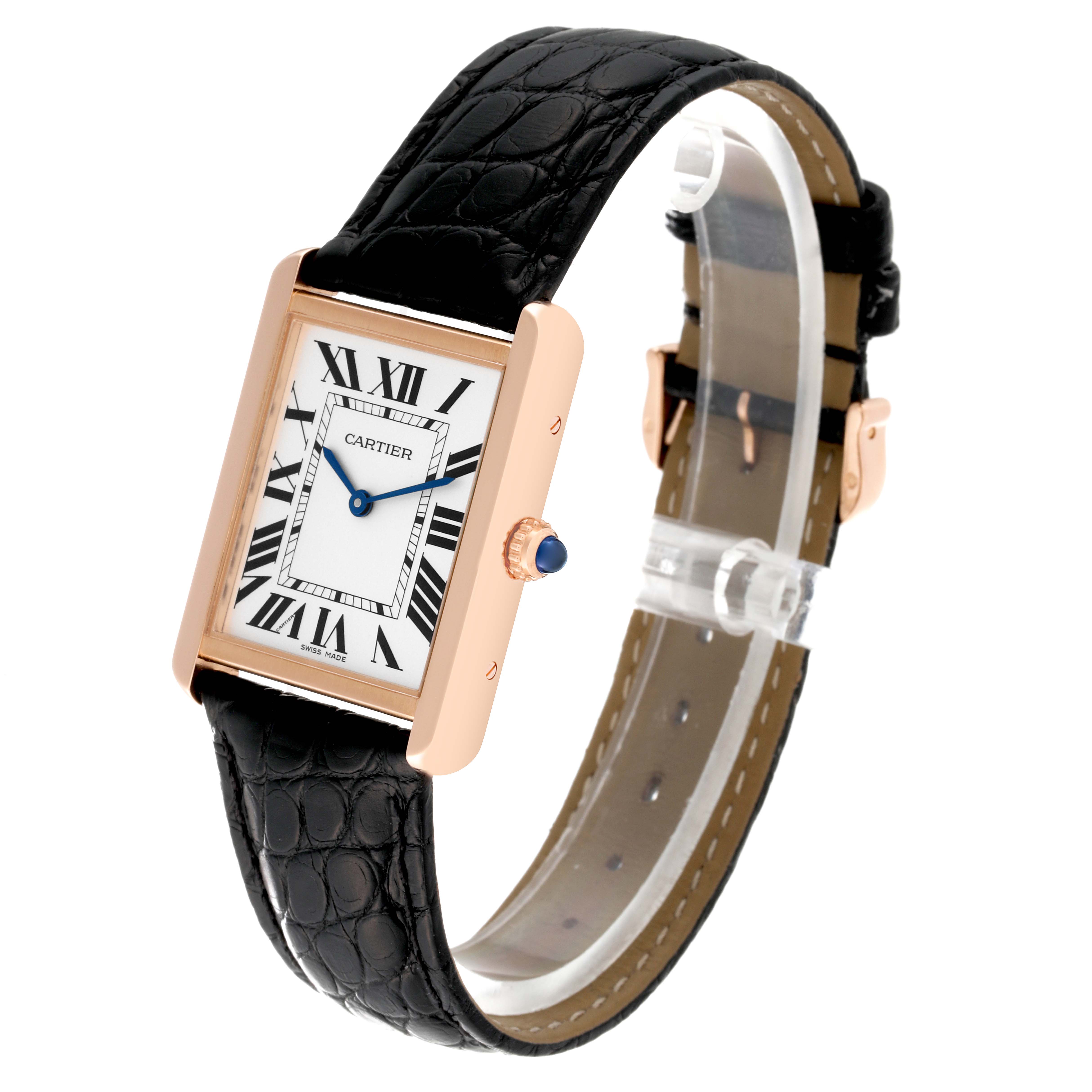 The Cartier Tank Solo W5200025 Men's Rose Gold Silver Dial W5200025 Men's Rose Gold Silver Dial watch is shown at a three-quarter angle, displaying its rectangular case, Roman numeral dial, and black leather strap.