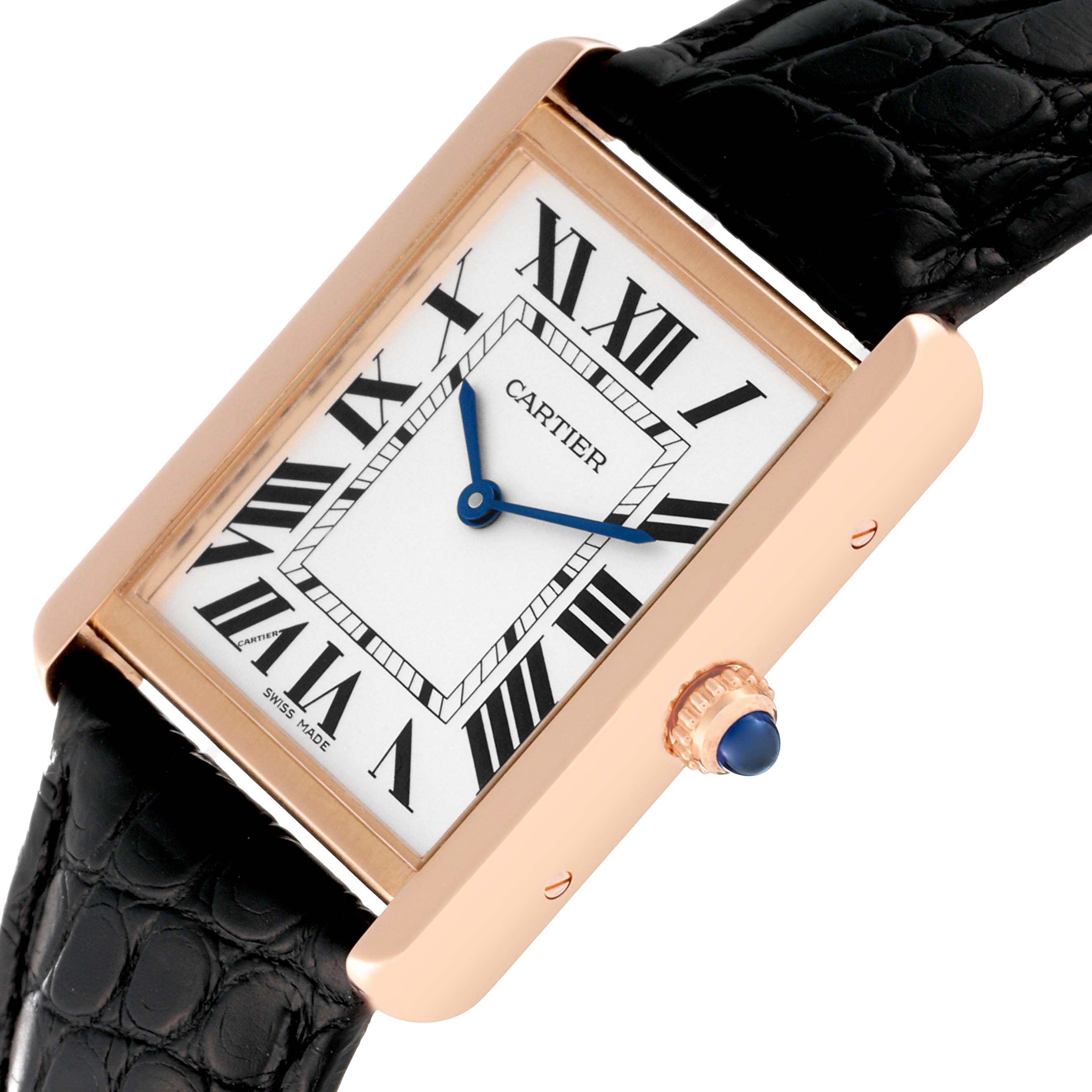 The image shows a close-up angle of the dial and strap of the Cartier Tank Solo W5200025 Men's Rose Gold Silver Dial W5200025 Men's Rose Gold Silver Dial watch.