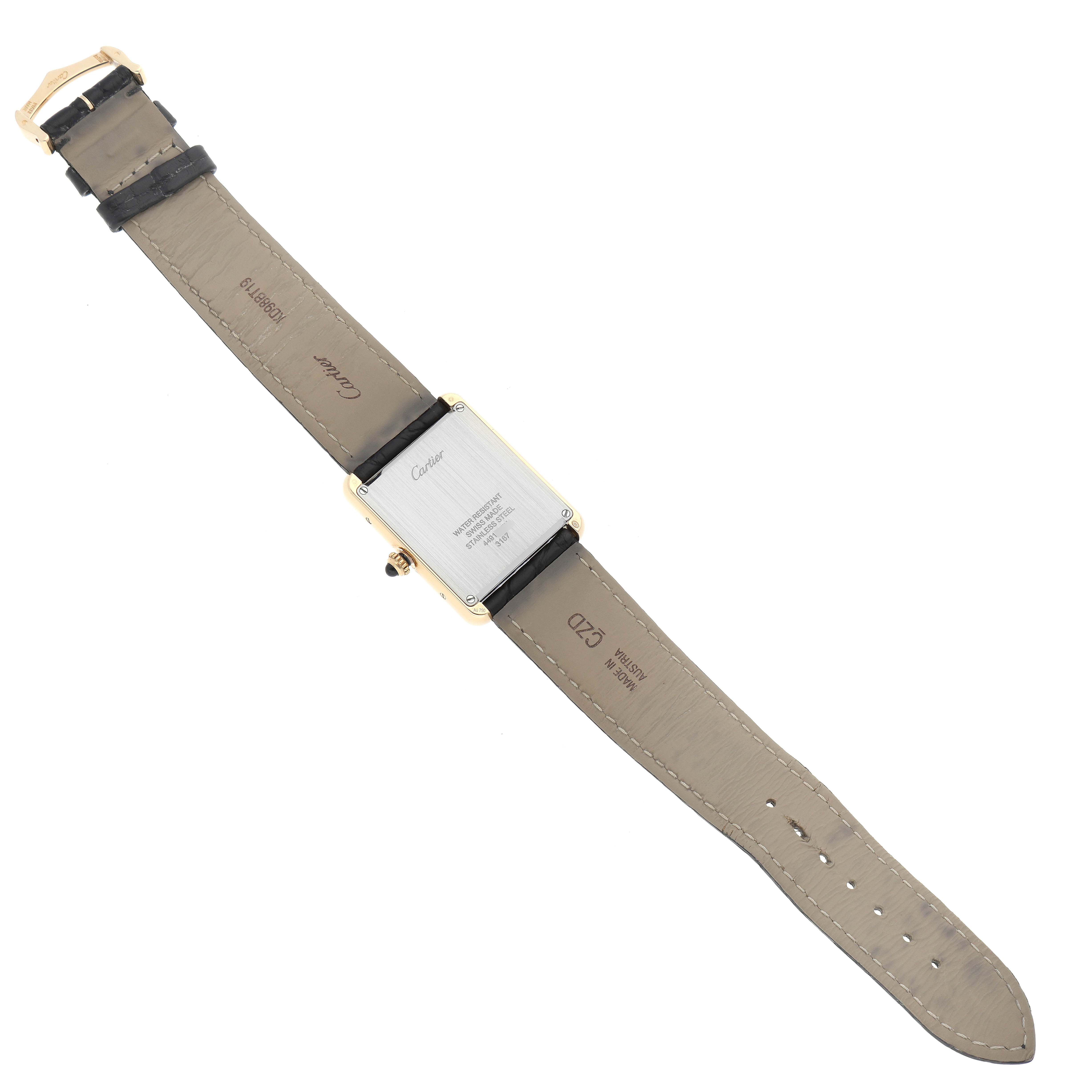 This image shows the back view of a Cartier Tank Solo W5200004 Men's Yellow Gold Silver Dial W5200004 Men's Yellow Gold Silver Dial watch, highlighting the case back and leather strap.