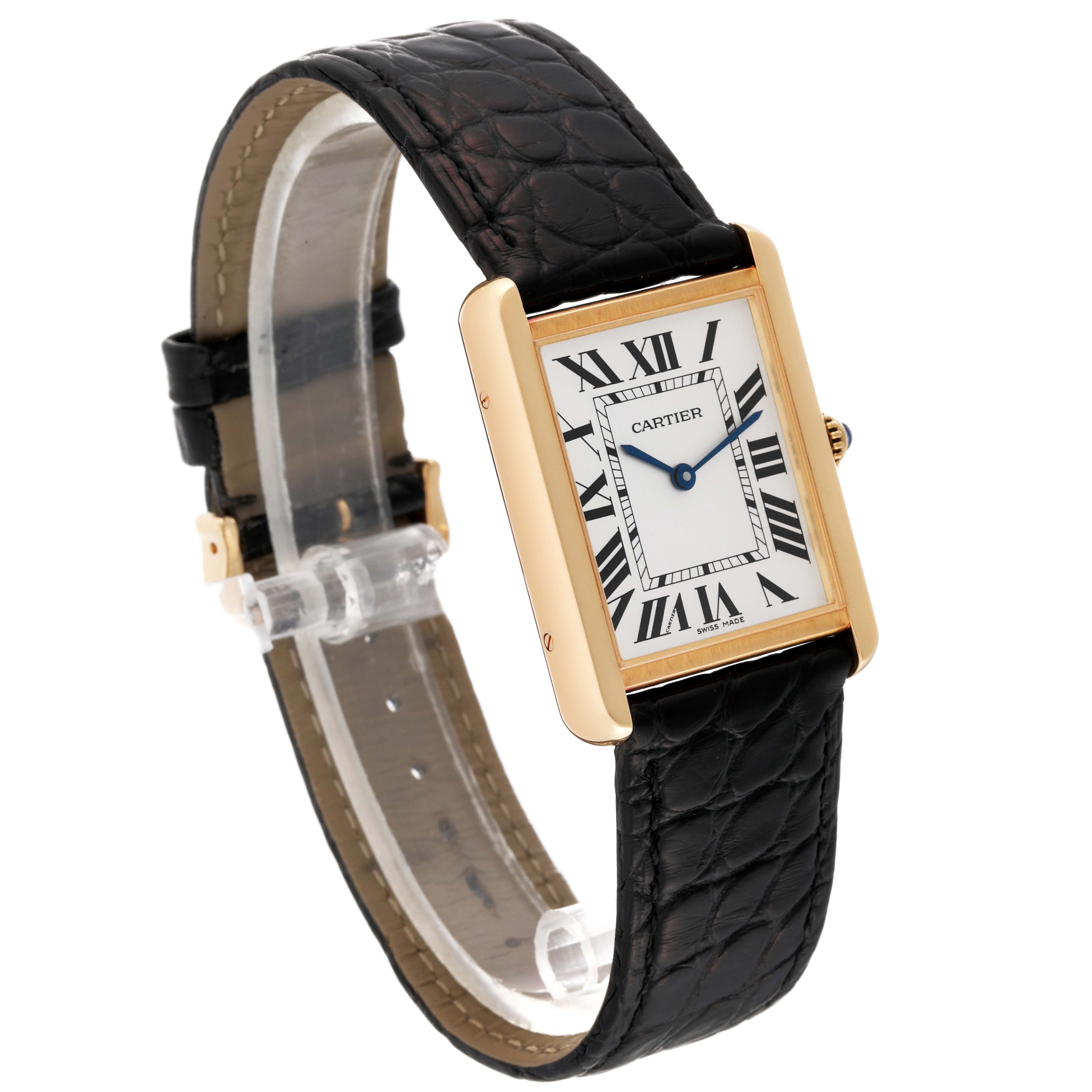 The Cartier Tank Solo W5200004 Men's Yellow Gold Silver Dial W5200004 Men's Yellow Gold Silver Dial watch is shown at an angle highlighting the rectangular face, Roman numeral dial, and black leather strap.