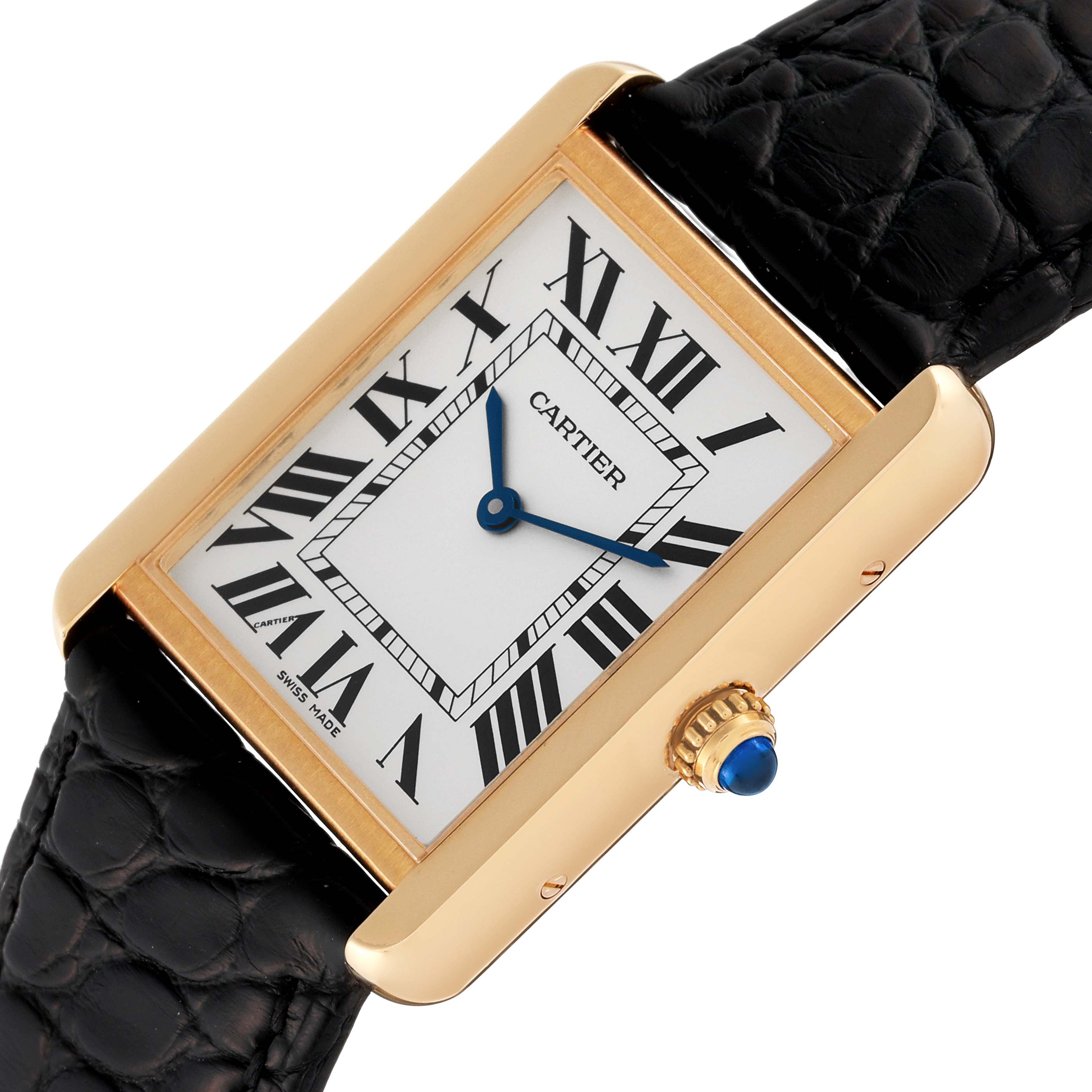 The image shows a top-angle view of the Cartier Tank Solo W5200004 Men's Yellow Gold Silver Dial W5200004 Men's Yellow Gold Silver Dial watch, highlighting the face, crown, and part of the leather strap.
