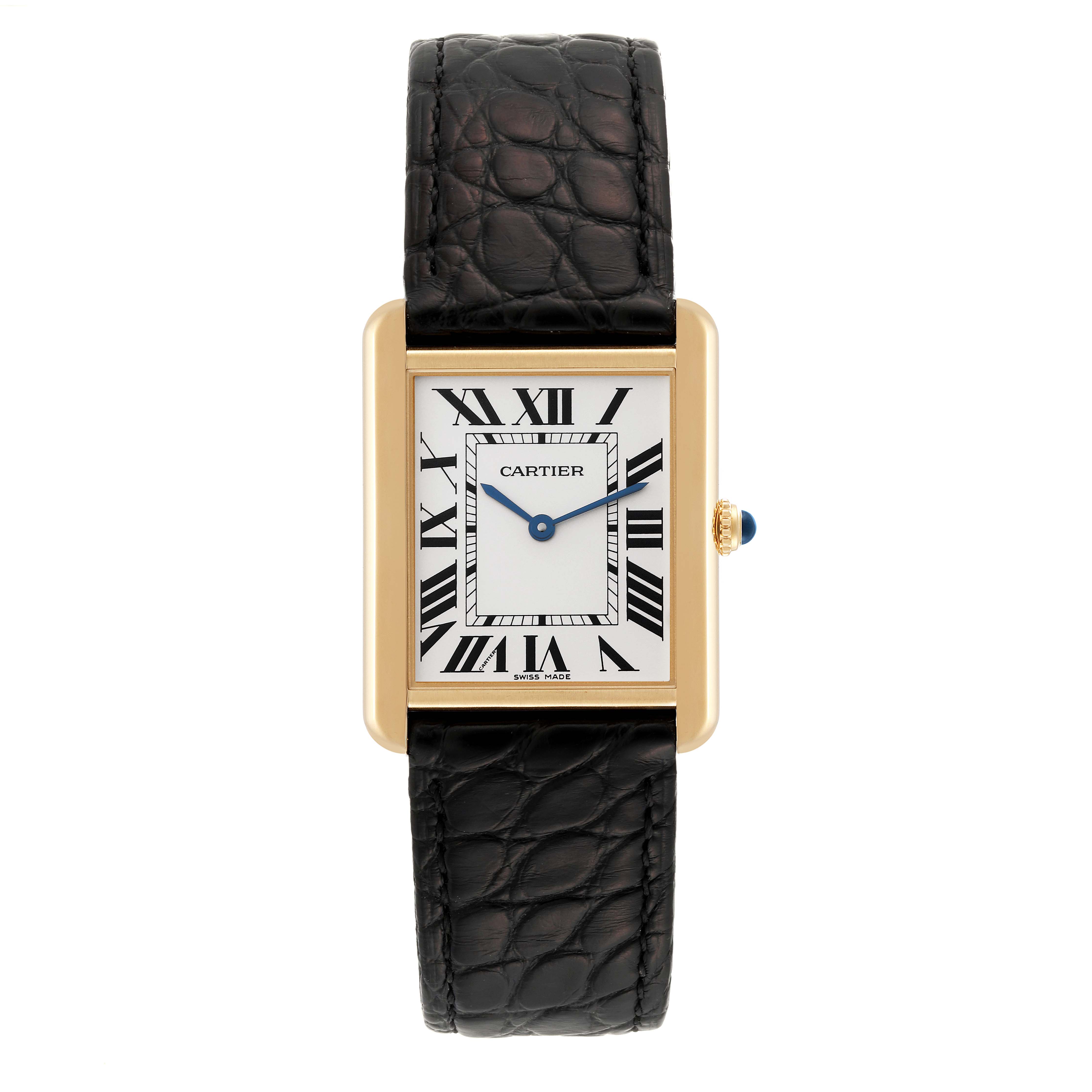 The Cartier Tank Solo W5200004 Men's Yellow Gold Silver Dial W5200004 Men's Yellow Gold Silver Dial watch is shown from the front, displaying its black leather strap and rectangular gold case with a white dial and Roman numerals.