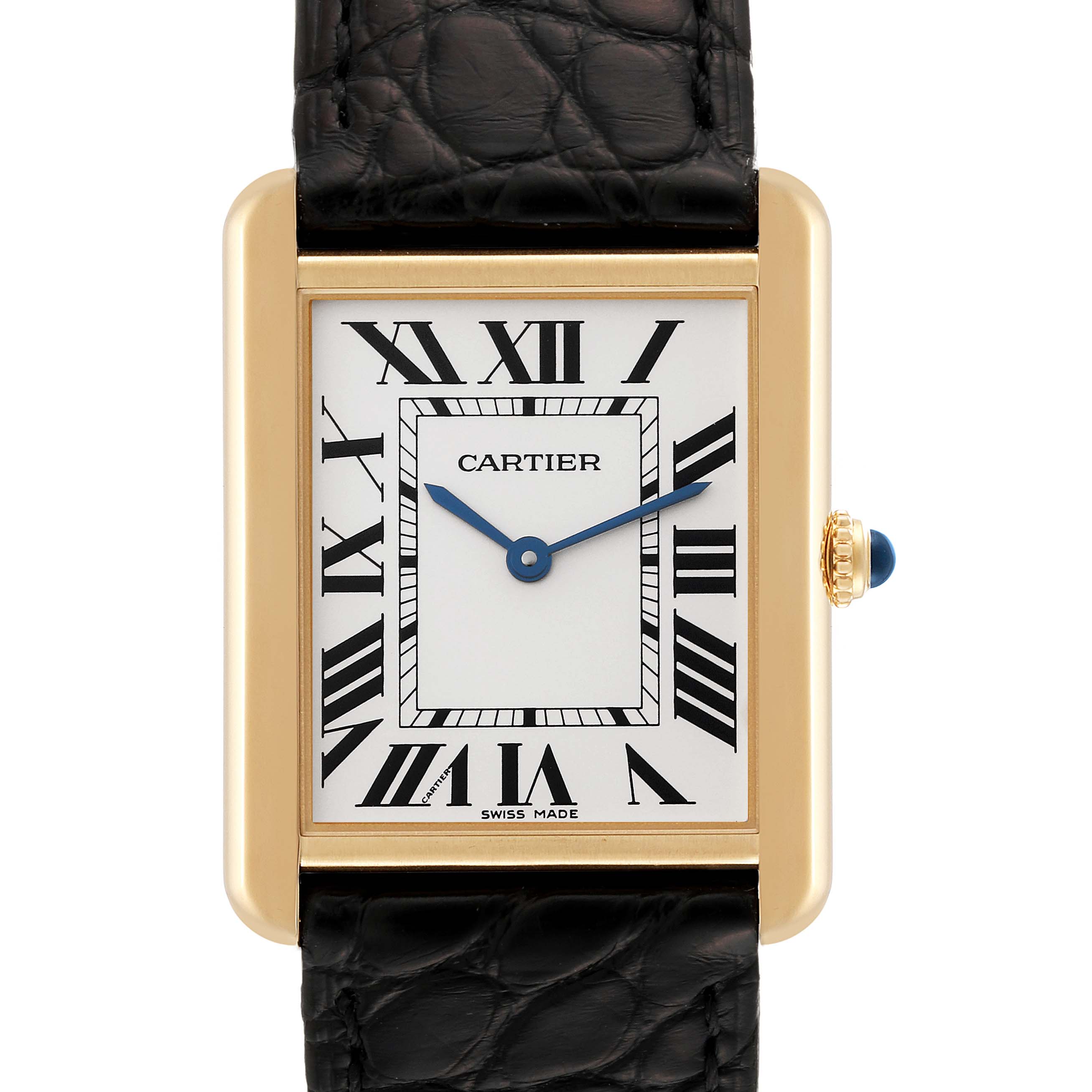 This image shows a close-up of the Cartier Tank Solo W5200004 Men's Yellow Gold Silver Dial W5200004 Men's Yellow Gold Silver Dial watch face, strap, and crown.