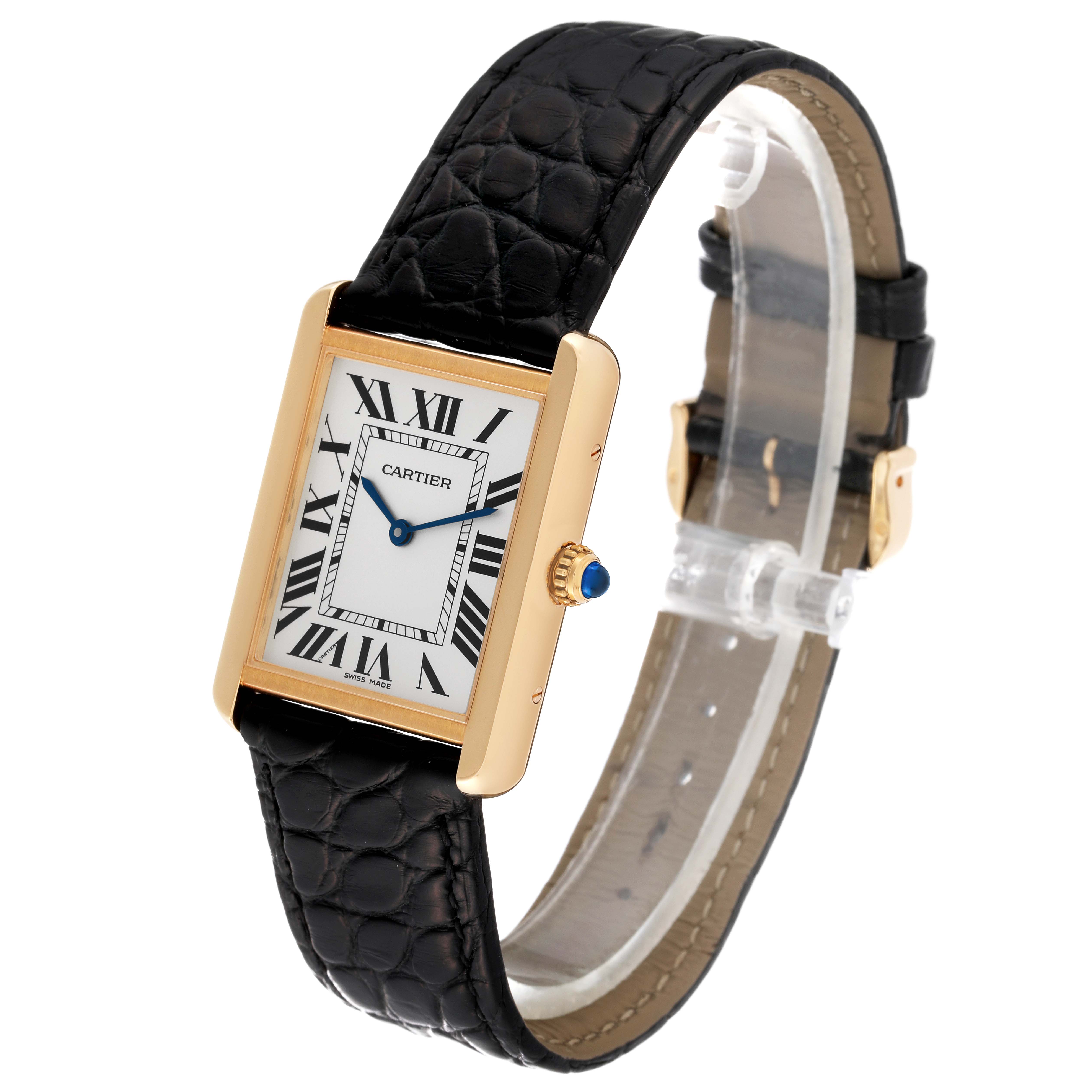 The Cartier Tank Solo W5200004 Men's Yellow Gold Silver Dial W5200004 Men's Yellow Gold Silver Dial watch is shown at a slight angle, displaying its rectangular dial, black strap, and gold casing.