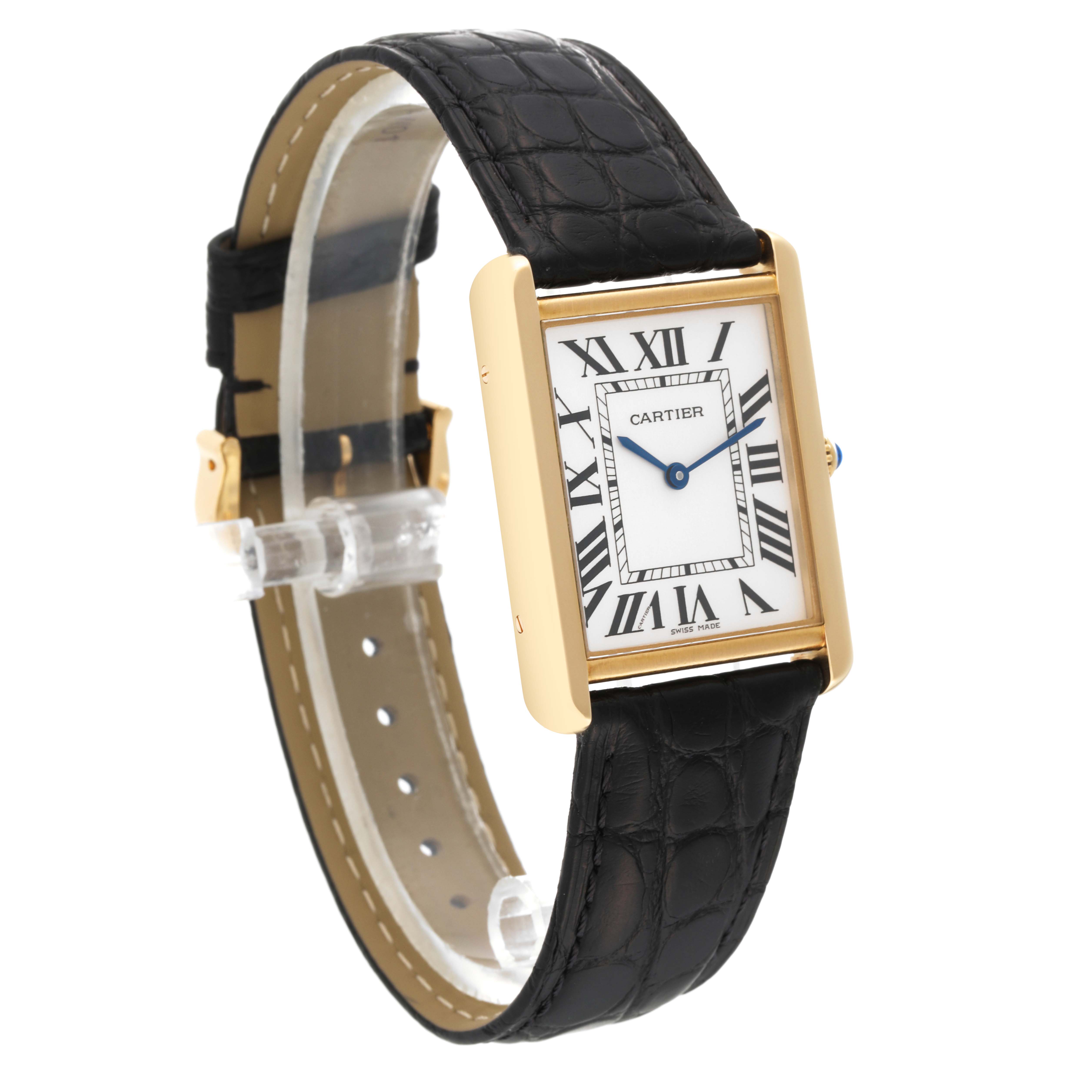 The image displays a Cartier Tank Solo W5200004 Men
s Yellow Gold Silver Dial W5200004 Men
s Yellow Gold Silver Dial watch from a front angle, showcasing its rectangular face, Roman numeral dial, and black leather strap.