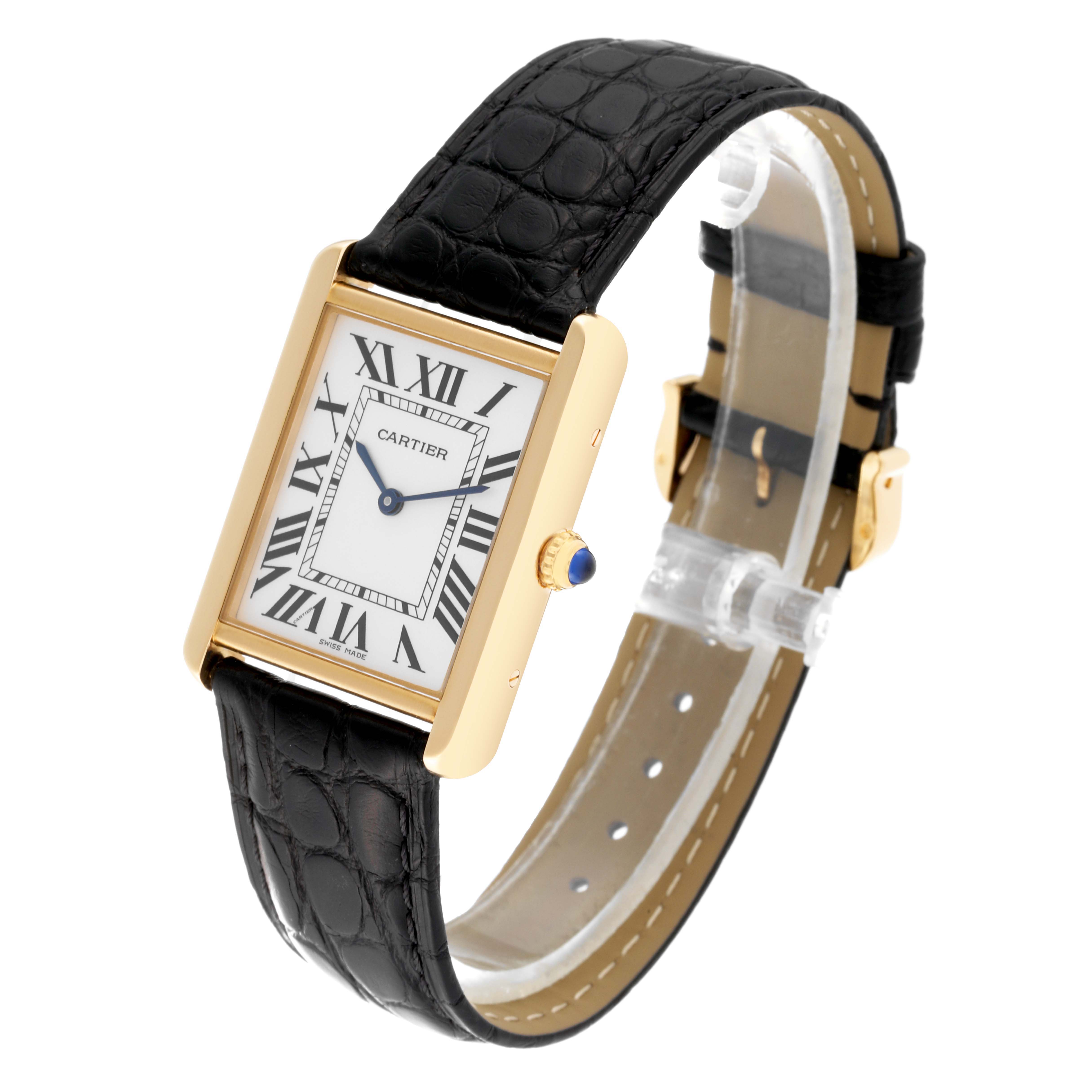 The Cartier Tank Solo W5200004 Men
s Yellow Gold Silver Dial W5200004 Men
s Yellow Gold Silver Dial watch is shown at a three-quarter angle, highlighting its rectangular case, Roman numeral dial, and black leather strap.