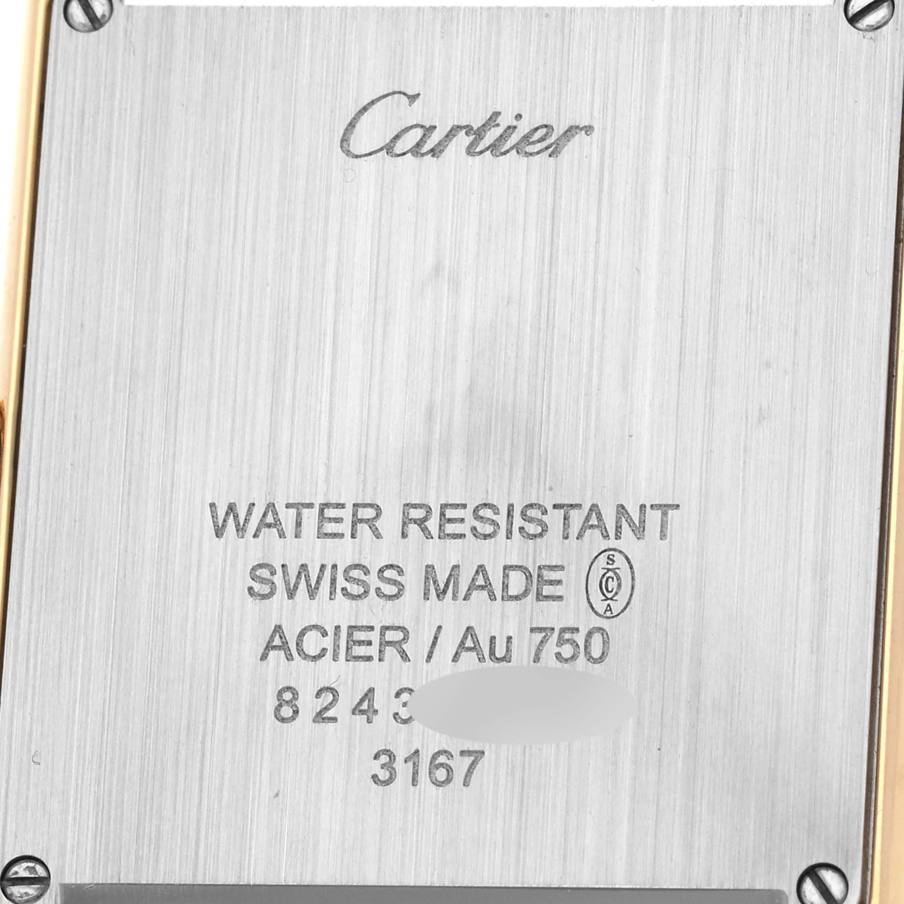 This image shows the back case of a Cartier Tank Solo W5200004 Men
s Yellow Gold Silver Dial W5200004 Men
s Yellow Gold Silver Dial watch, including details like water resistance and Swiss Made inscriptions.