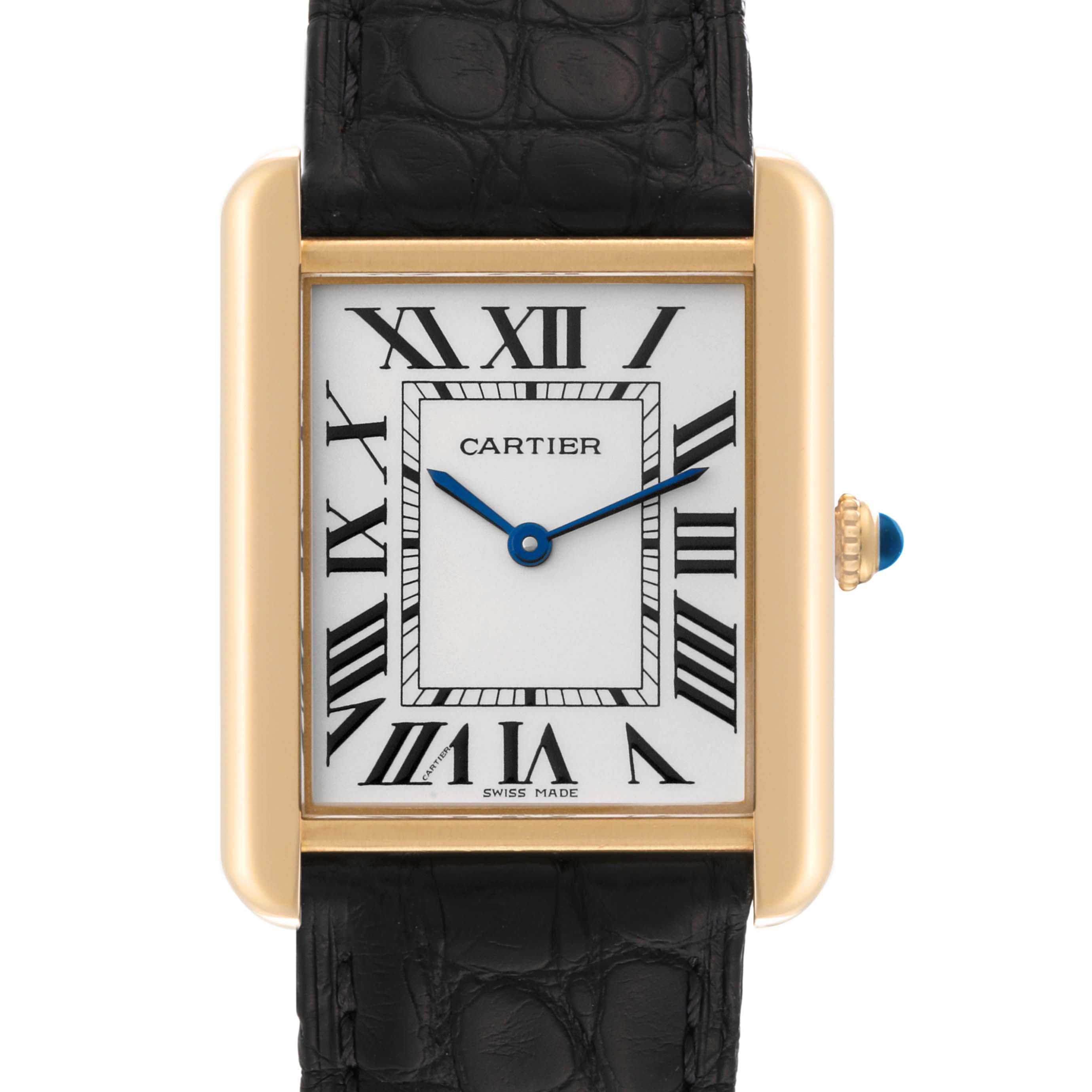 This is a close-up front view of the Cartier Tank Solo W5200004 Men
s Yellow Gold Silver Dial W5200004 Men
s Yellow Gold Silver Dial watch, showcasing its rectangular face, Roman numerals, and black leather strap.
