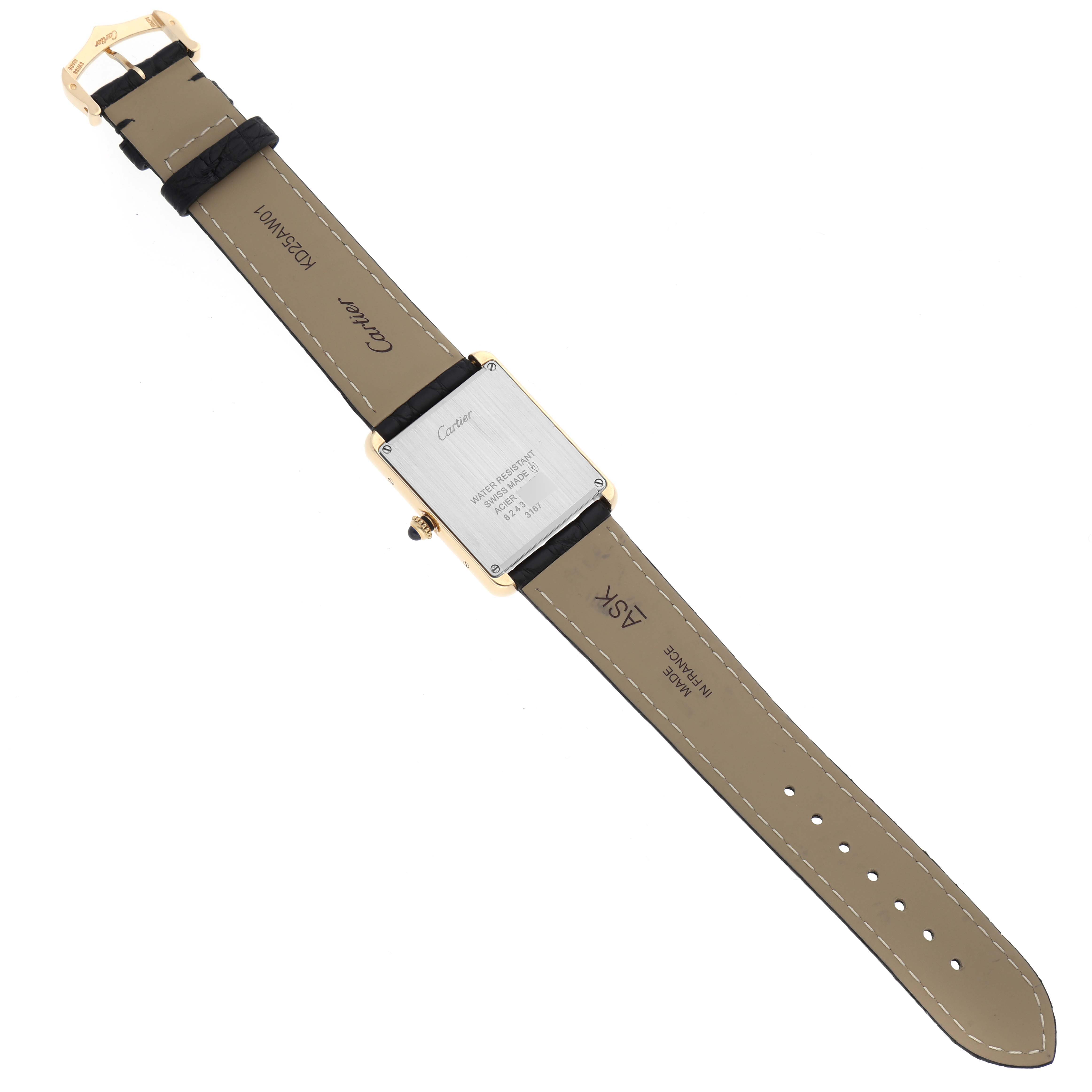 This image shows the back view of the Cartier Tank Solo W5200004 Men
s Yellow Gold Silver Dial W5200004 Men
s Yellow Gold Silver Dial watch, displaying its case back and leather straps.