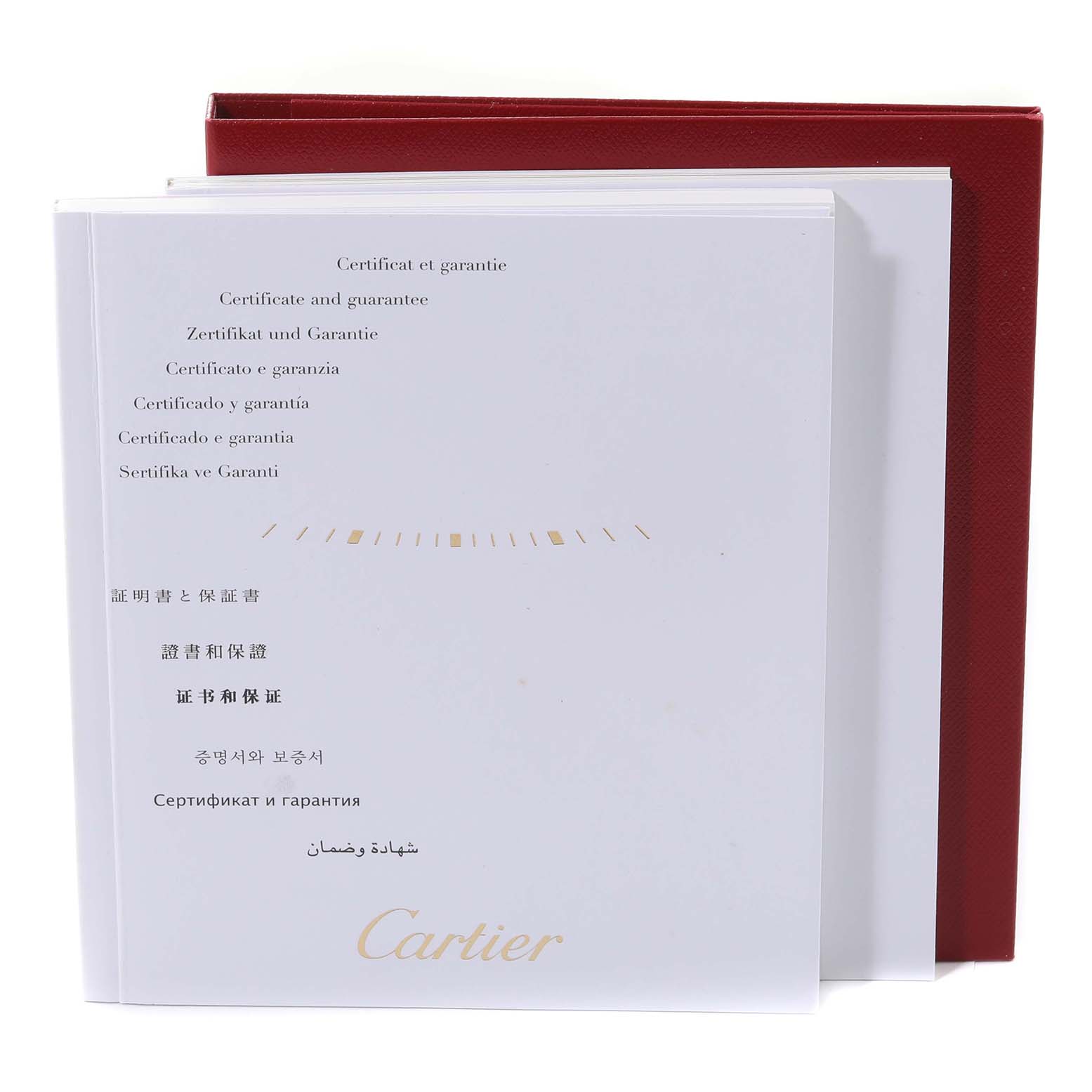This image shows the certification and guarantee booklet for the Cartier Tank Solo W5200004 Men
s Yellow Gold Silver Dial W5200004 Men
s Yellow Gold Silver Dial watch, viewed from the front.