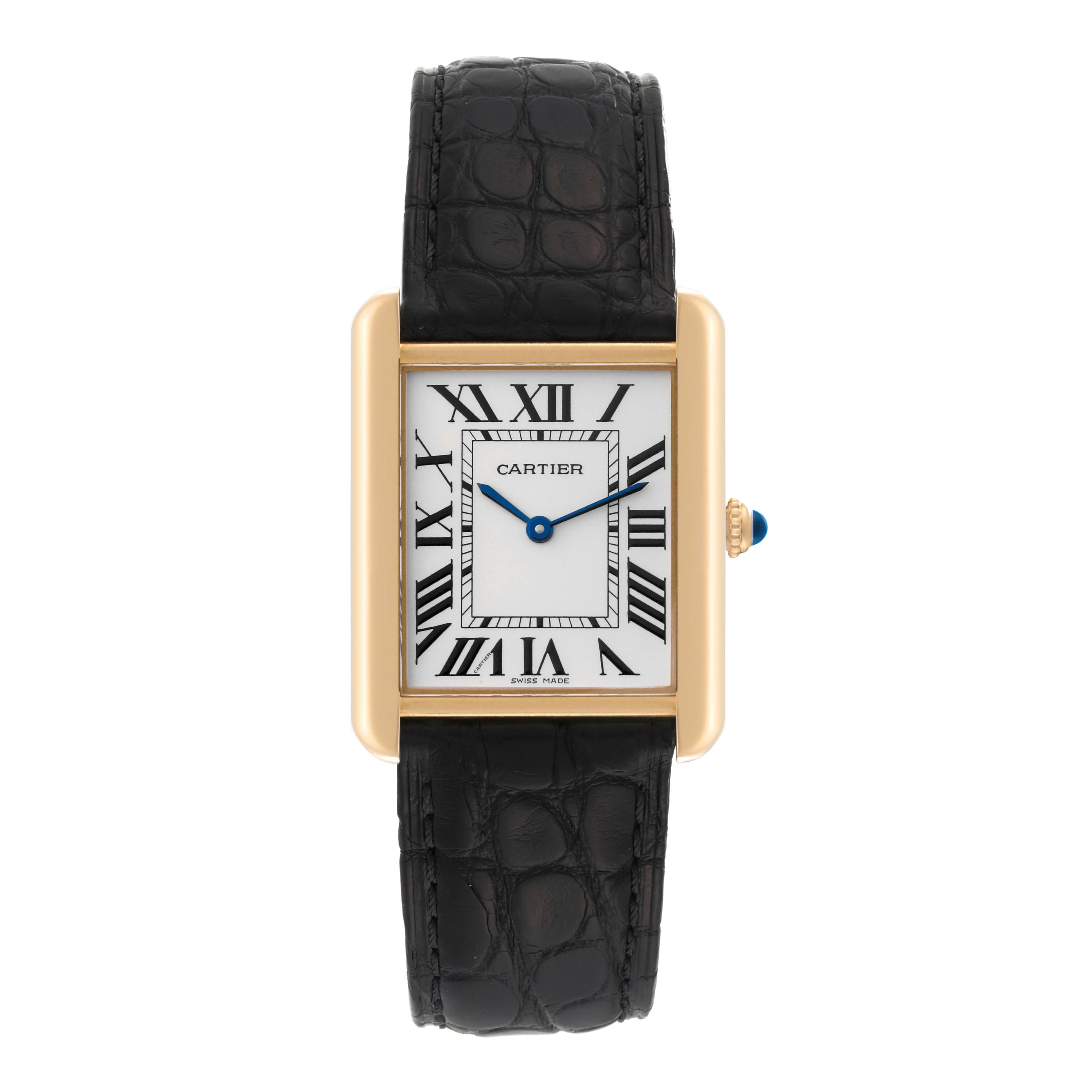 The image shows a Tank Solo model by Cartier from a front angle, displaying the face, case, and strap.