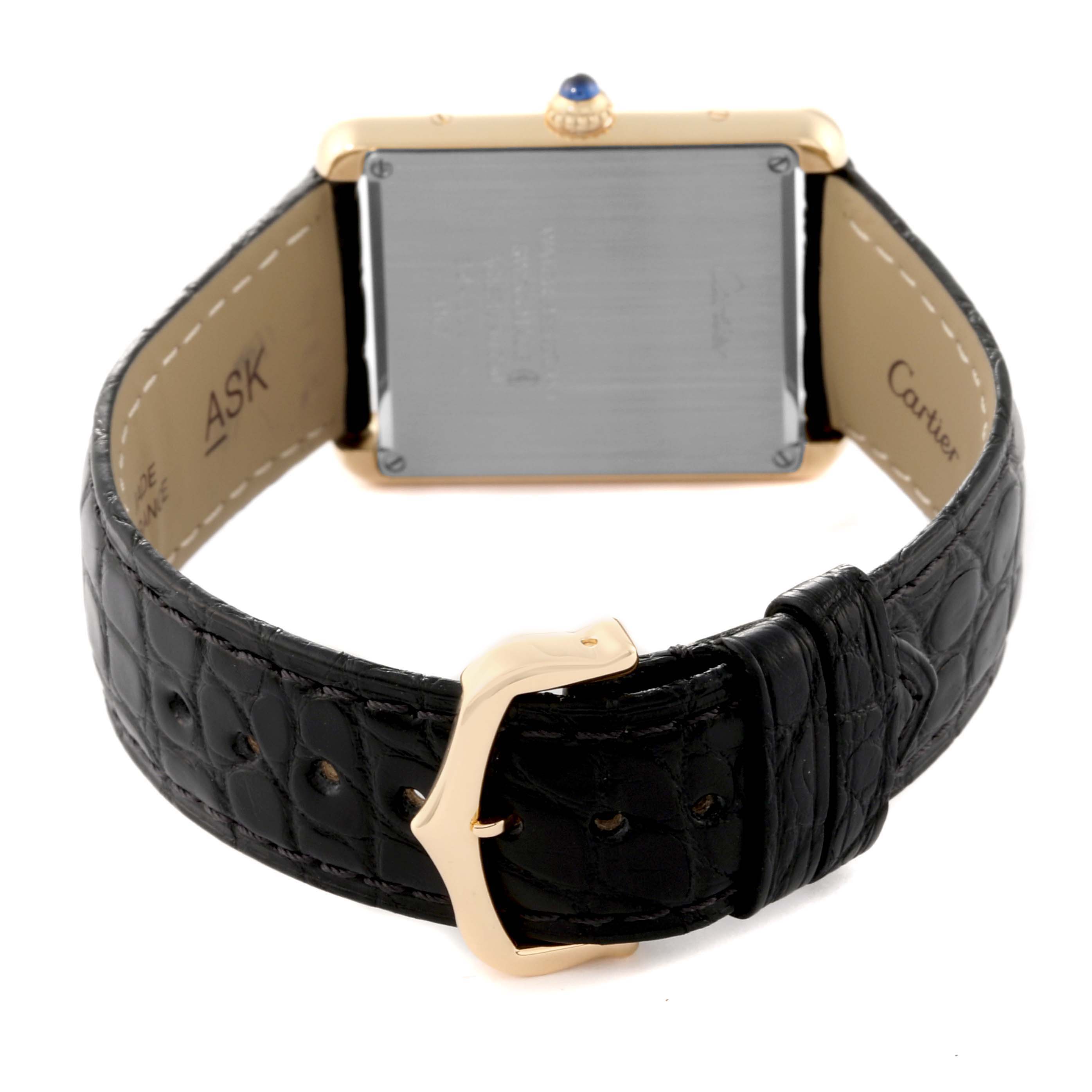 This image shows the backside and strap of a Cartier Tank Solo W5200004 Men
s Yellow Gold Silver Dial W5200004 Men
s Yellow Gold Silver Dial watch with its buckle and case back visible.