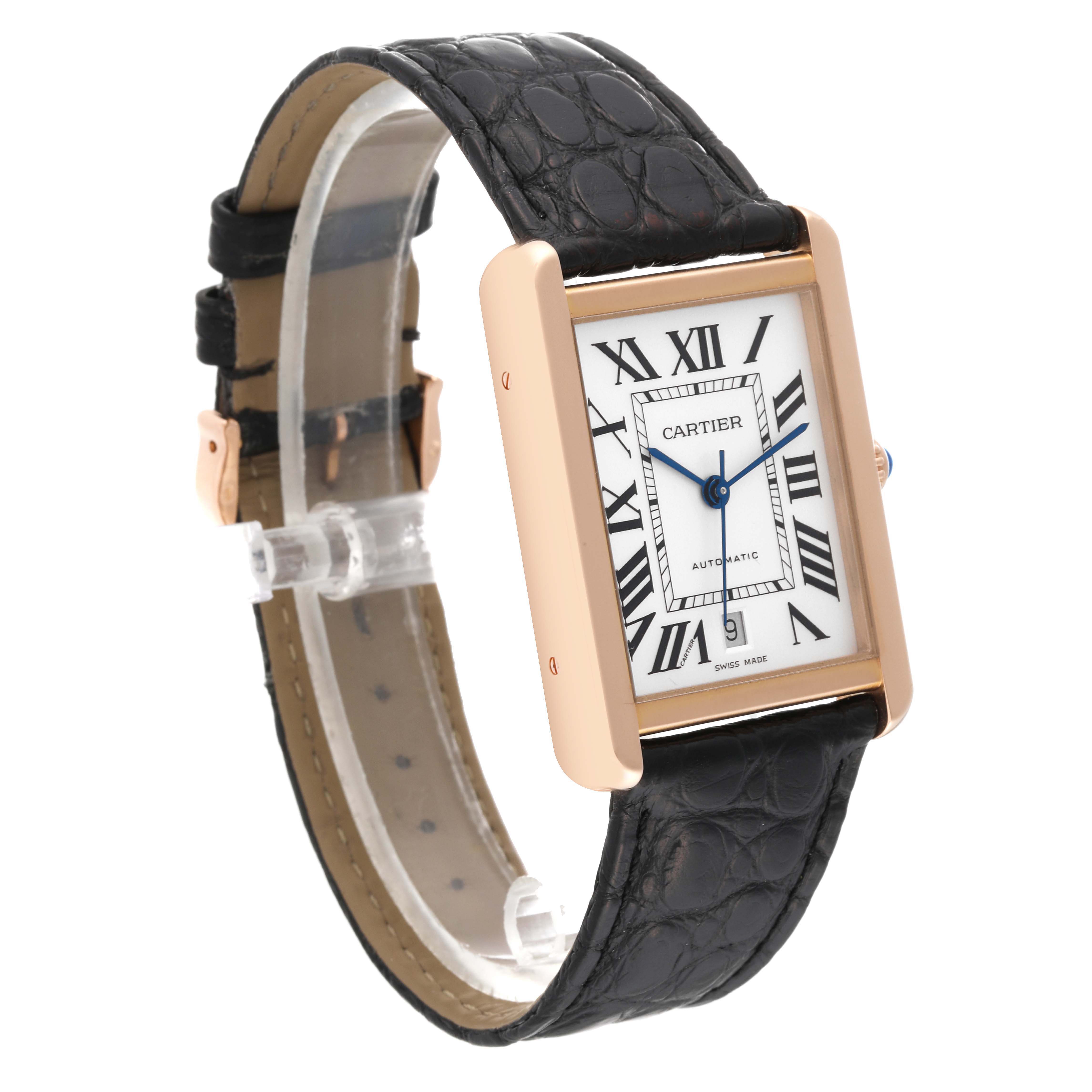 The image shows a Cartier Tank Solo W5200026 Men's Steel and Gold (two tone) Silver Dial W5200026 Men's Steel and Gold (two tone) Silver Dial watch at an angle, highlighting the face, case, and black leather strap.