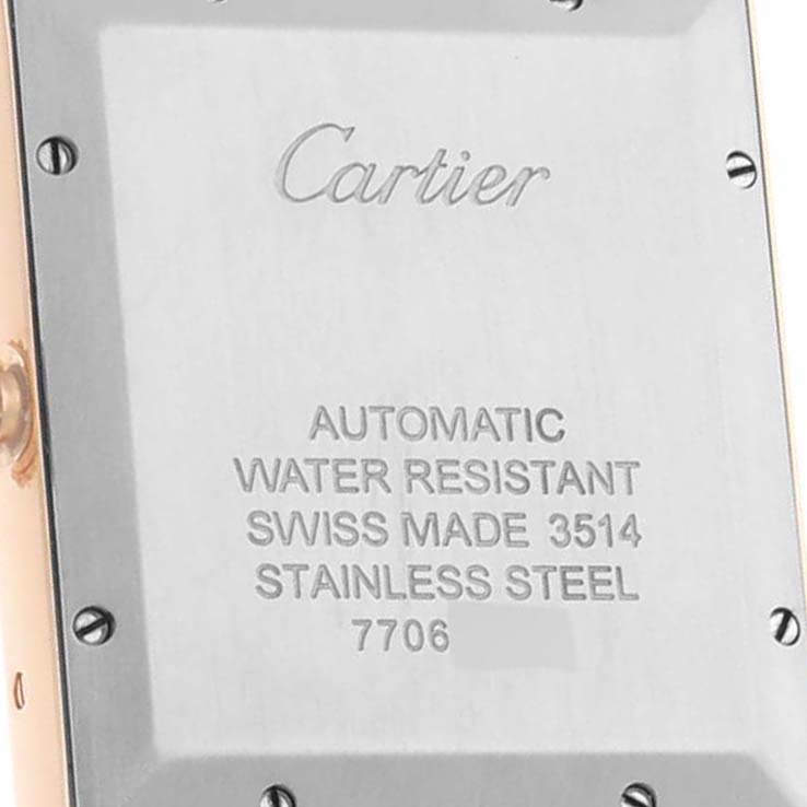 The image shows the back case of the Cartier Tank Solo W5200026 Men's Steel and Gold (two tone) Silver Dial W5200026 Men's Steel and Gold (two tone) Silver Dial watch, displaying the brand name and watch specifications.