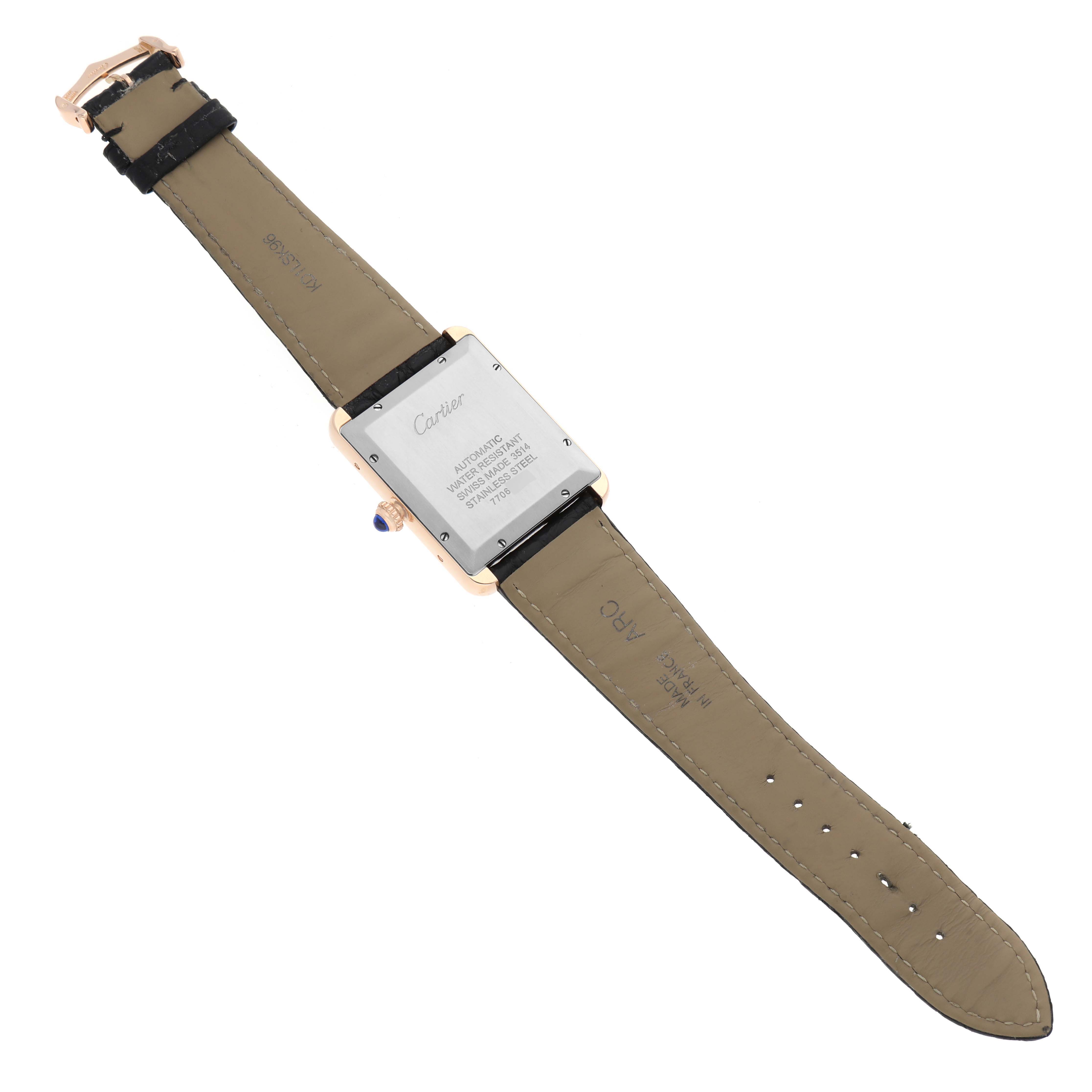 The image shows the back view of a Cartier Tank Solo W5200026 Men's Steel and Gold (two tone) Silver Dial W5200026 Men's Steel and Gold (two tone) Silver Dial watch, displaying its case back, strap, and buckle.