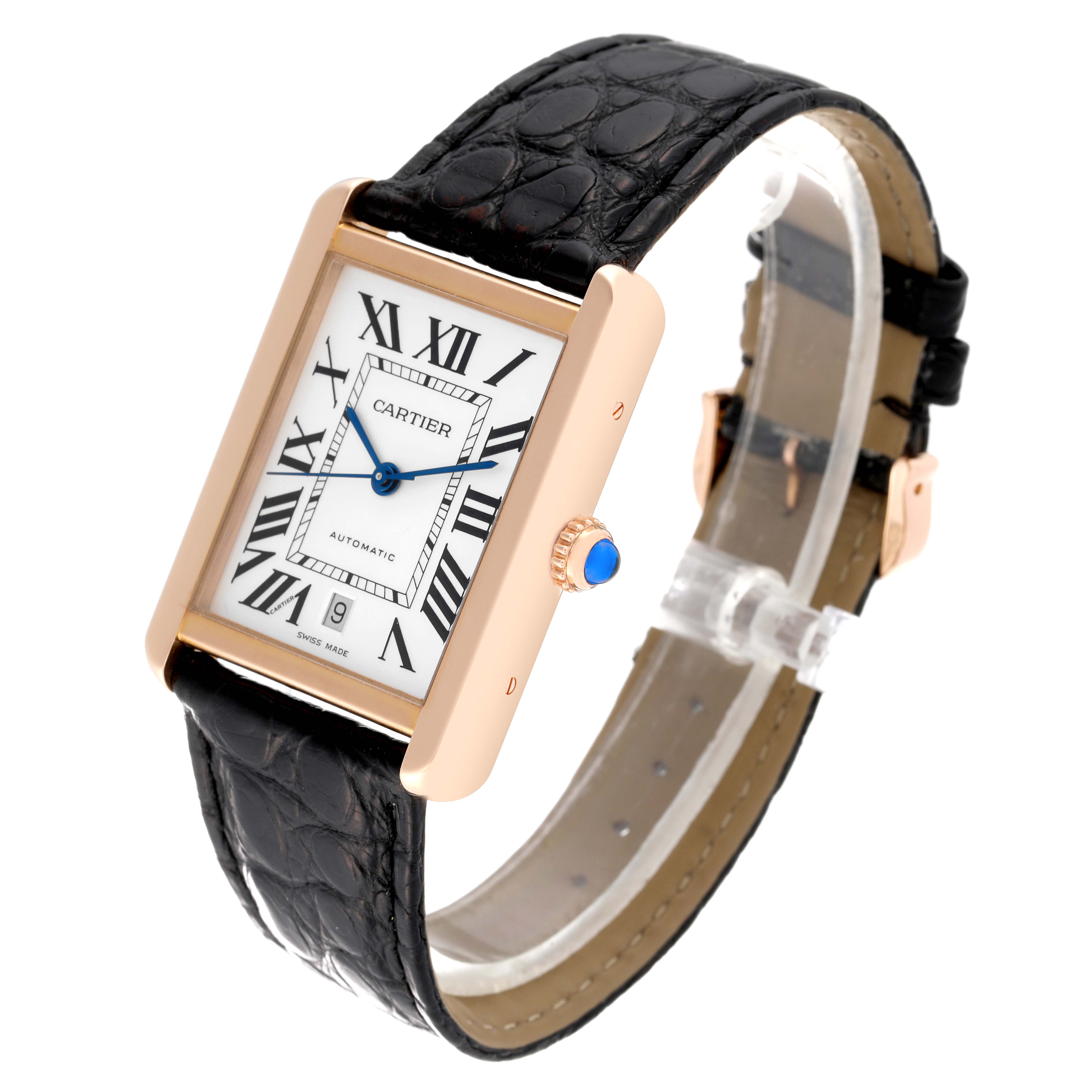 This Cartier Tank Solo W5200026 Men's Steel and Gold (two tone) Silver Dial W5200026 Men's Steel and Gold (two tone) Silver Dial watch is shown at a three-quarter angle, displaying its face, crown, and leather strap.