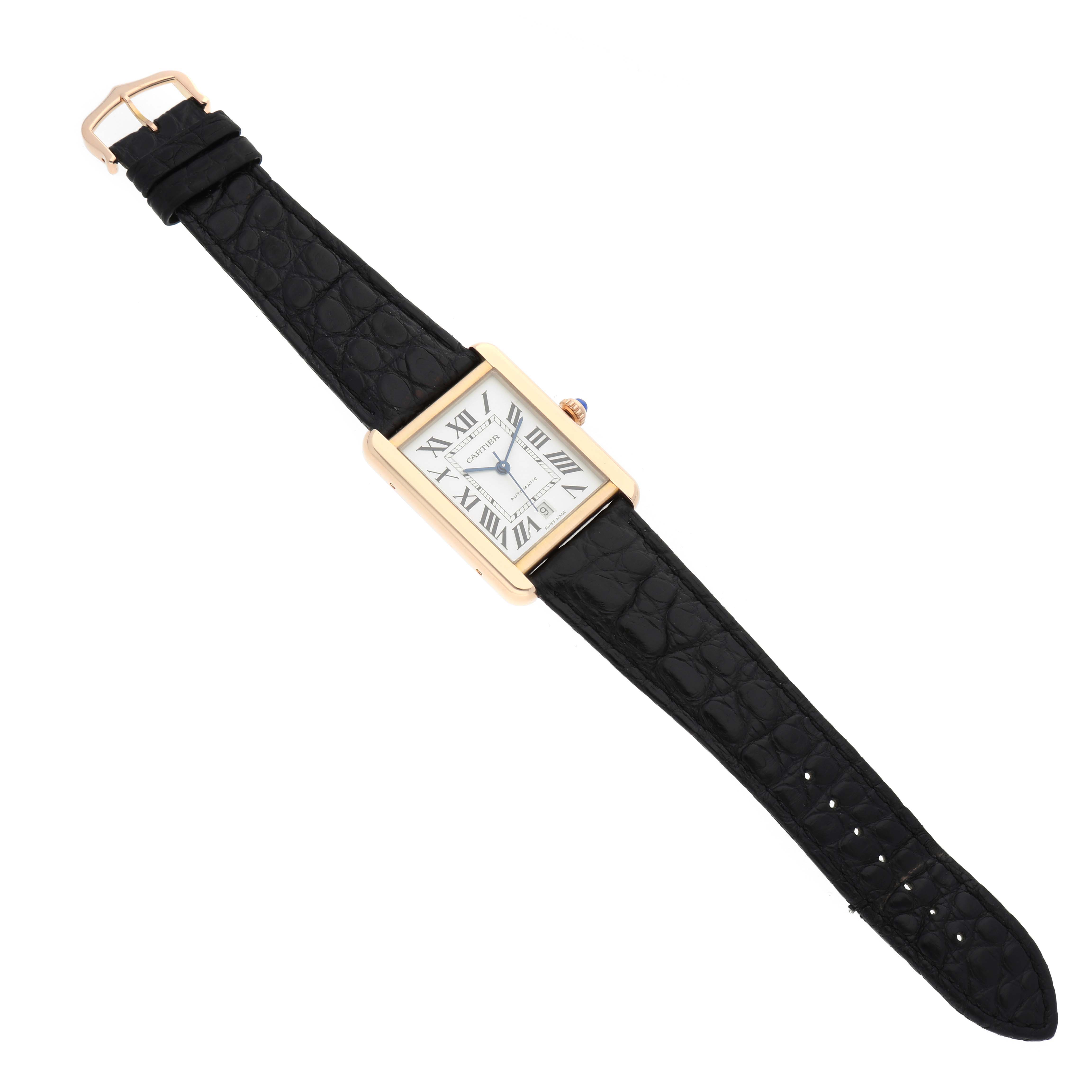 The Cartier Tank Solo W5200026 Men's Steel and Gold (two tone) Silver Dial W5200026 Men's Steel and Gold (two tone) Silver Dial watch is shown from a top-down angle, displaying its rectangular face and black leather strap.