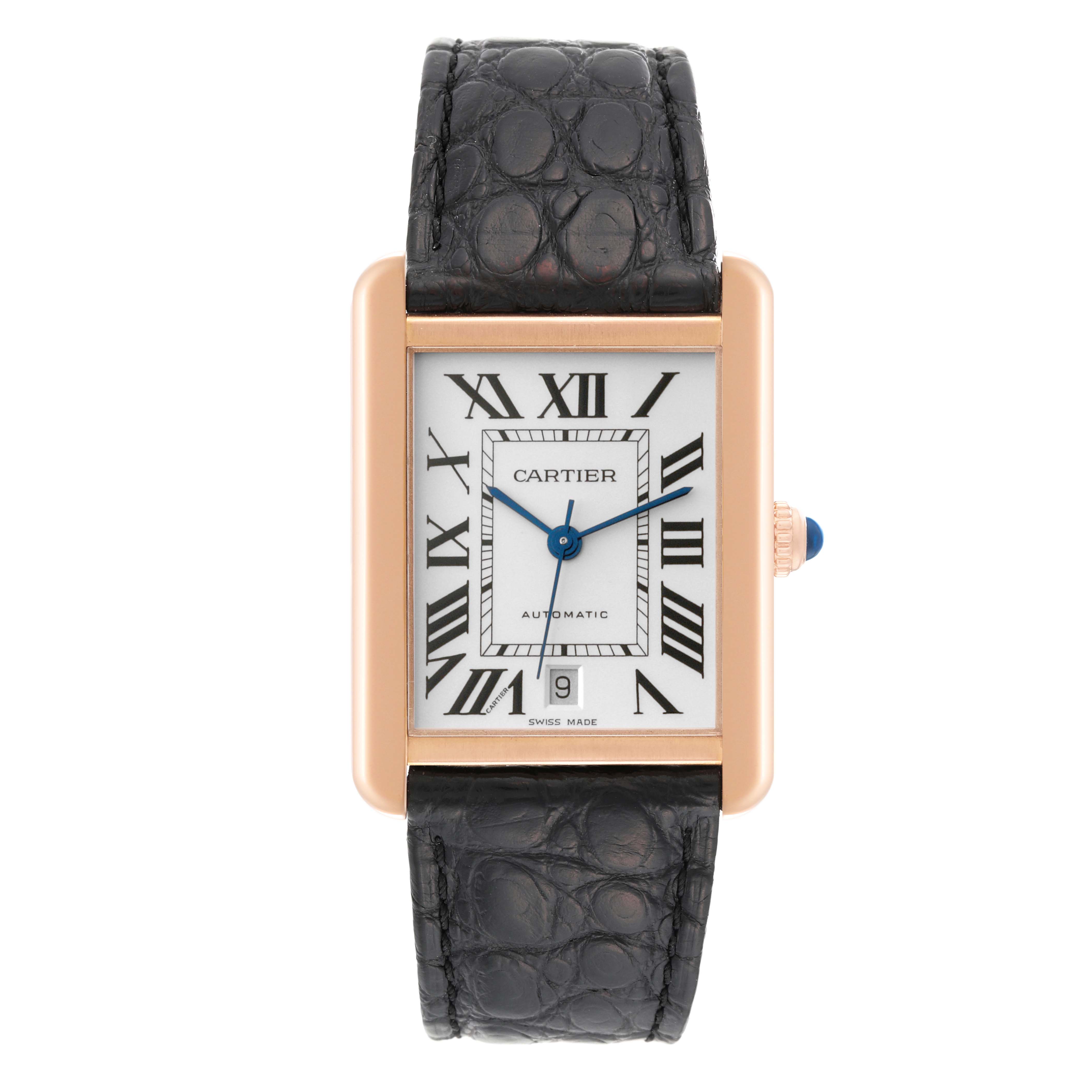 This is a front view of a Cartier Tank Solo W5200026 Men's Steel and Gold (two tone) Silver Dial W5200026 Men's Steel and Gold (two tone) Silver Dial watch, showing the face, black leather strap, and rectangular gold case with Roman numerals.