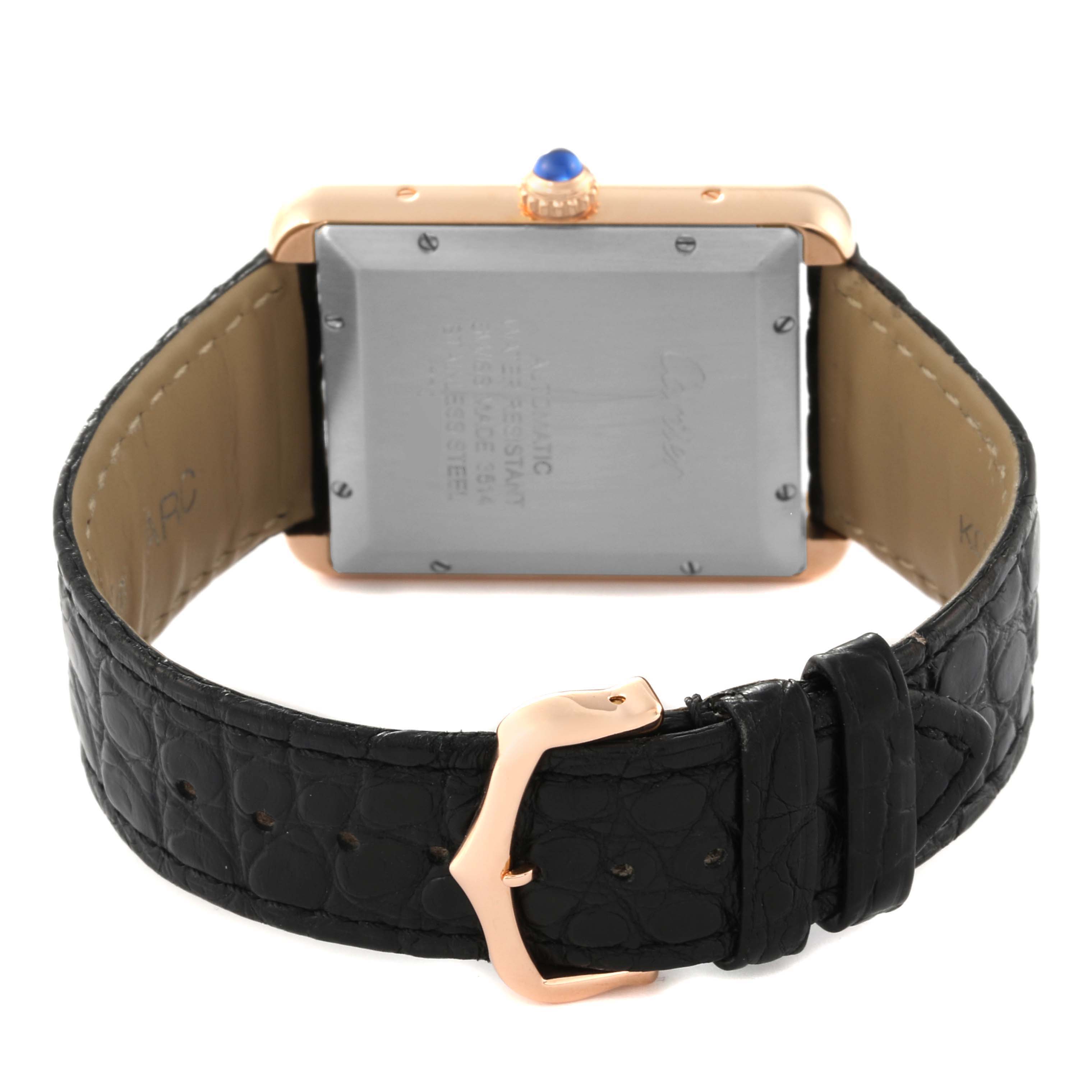 The image shows the back of a Cartier Tank Solo W5200026 Men's Steel and Gold (two tone) Silver Dial W5200026 Men's Steel and Gold (two tone) Silver Dial watch, focusing on the case back, side profile, and black leather strap with its clasp.