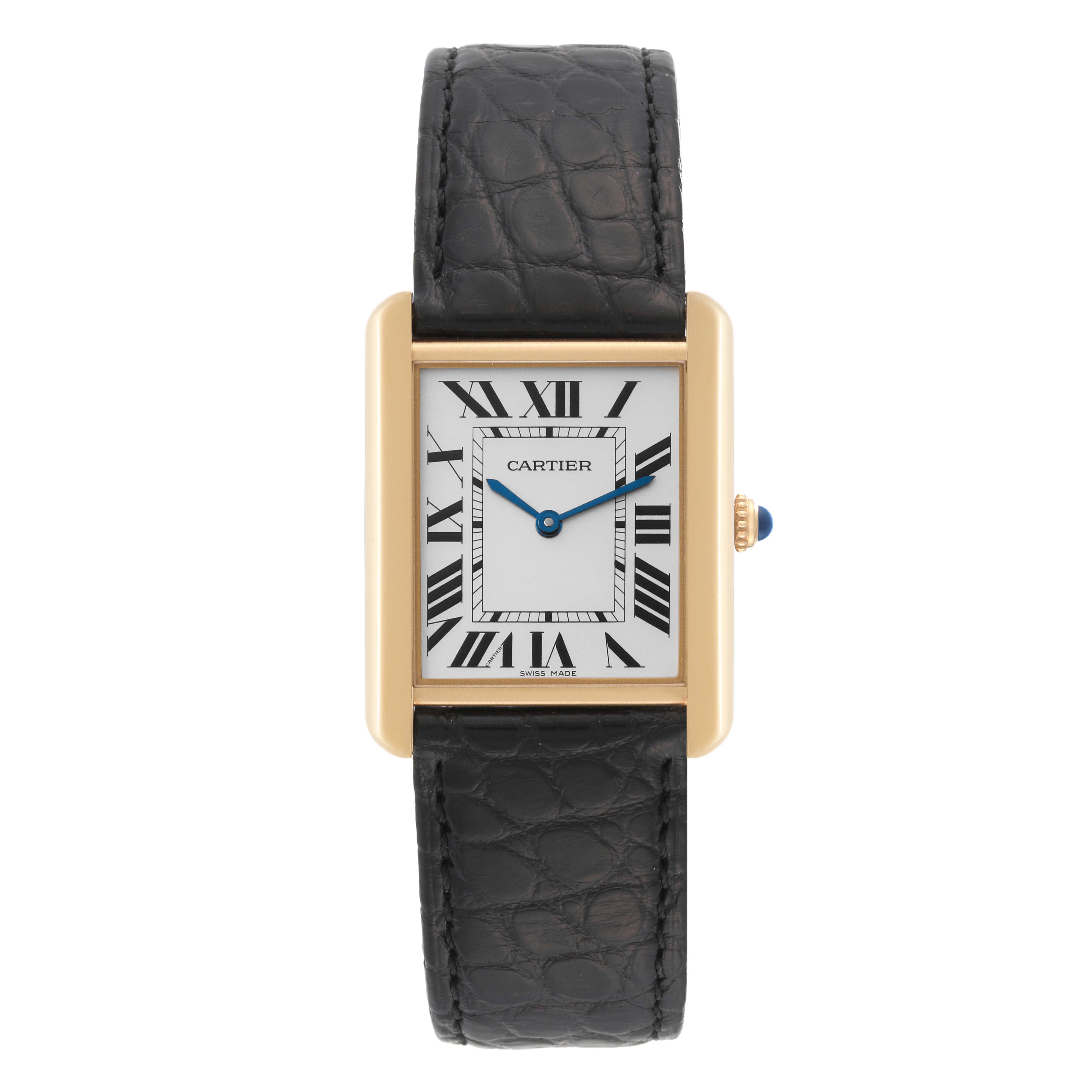 Front view of the Cartier Tank Solo W1018855 Men's Yellow Gold Silver Dial W1018855 Men's Yellow Gold Silver Dial watch showing its rectangular face, Roman numeral hour markers, and black leather strap.