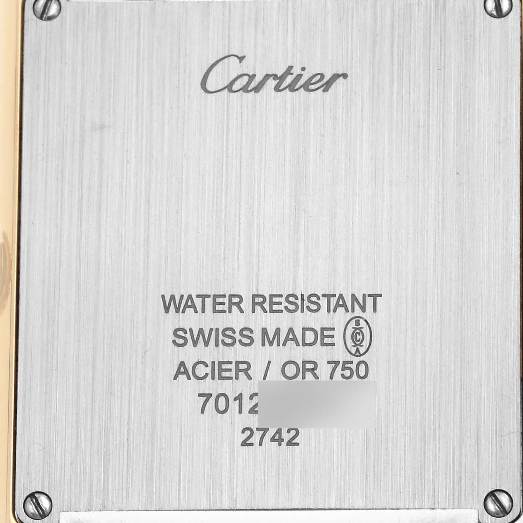 This image shows the back casing of a Cartier Tank Solo W1018855 Men's Yellow Gold Silver Dial W1018855 Men's Yellow Gold Silver Dial watch, highlighting its brand, materials, and water resistance.