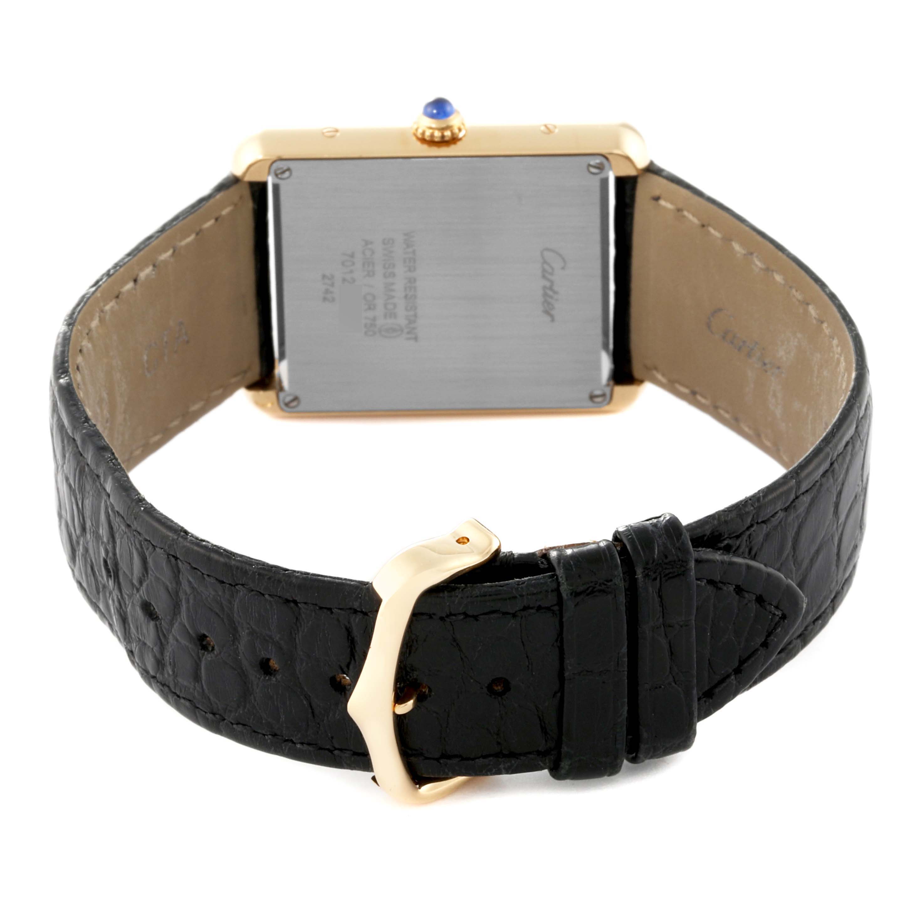 This image shows the Tank Solo model watch by Cartier from the back, highlighting the case back, strap, and buckle.
