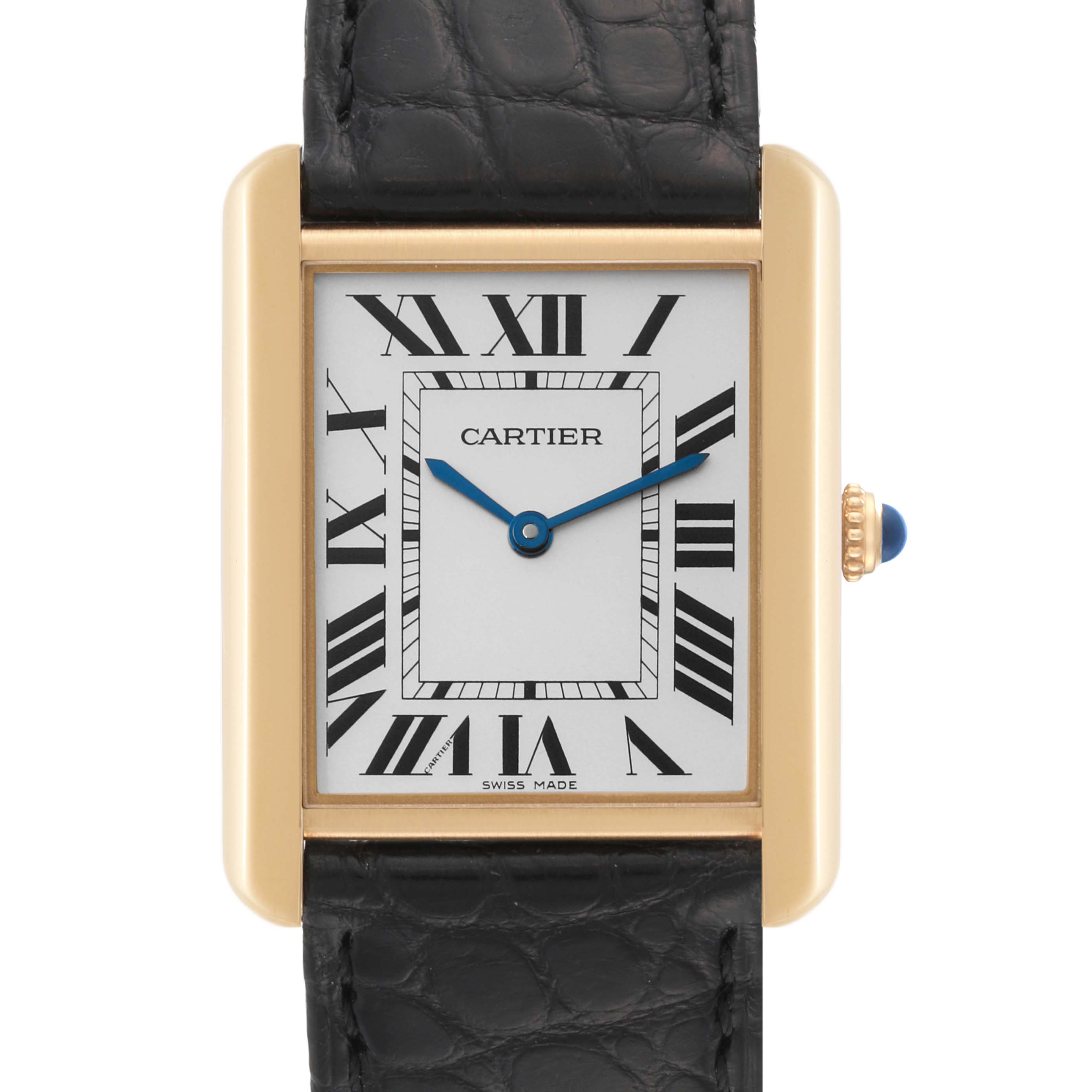 The image displays a front view of the Cartier Tank Solo W1018855 Men's Yellow Gold Silver Dial W1018855 Men's Yellow Gold Silver Dial watch, showcasing its rectangular face, Roman numerals, and black leather strap.