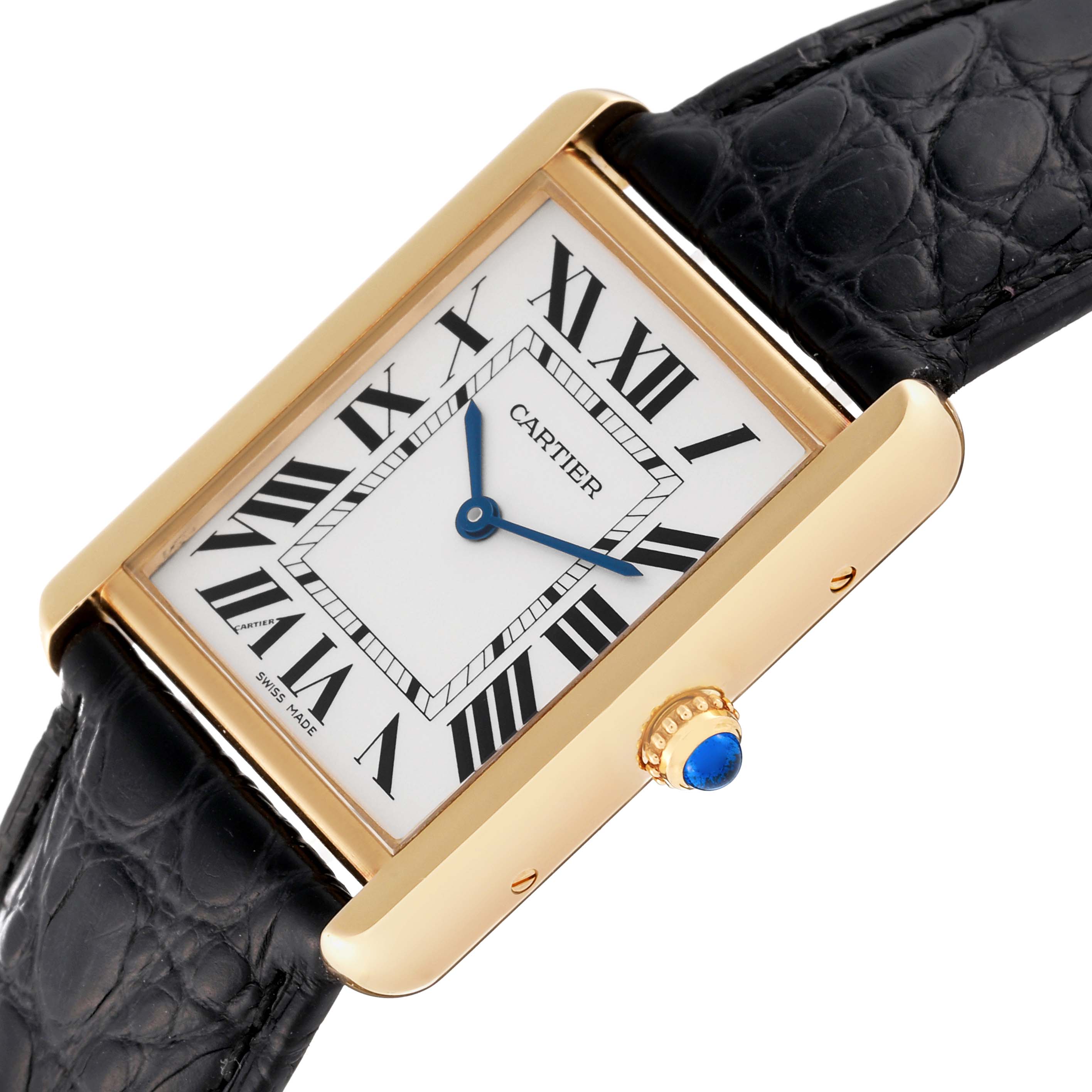The Cartier Tank Solo W1018855 Men's Steel and Gold (two tone) Silver Dial W1018855 Men's Steel and Gold (two tone) Silver Dial watch is shown at an angle displaying its rectangular face, Roman numeral dial, blue hands, and crocodile leather strap.