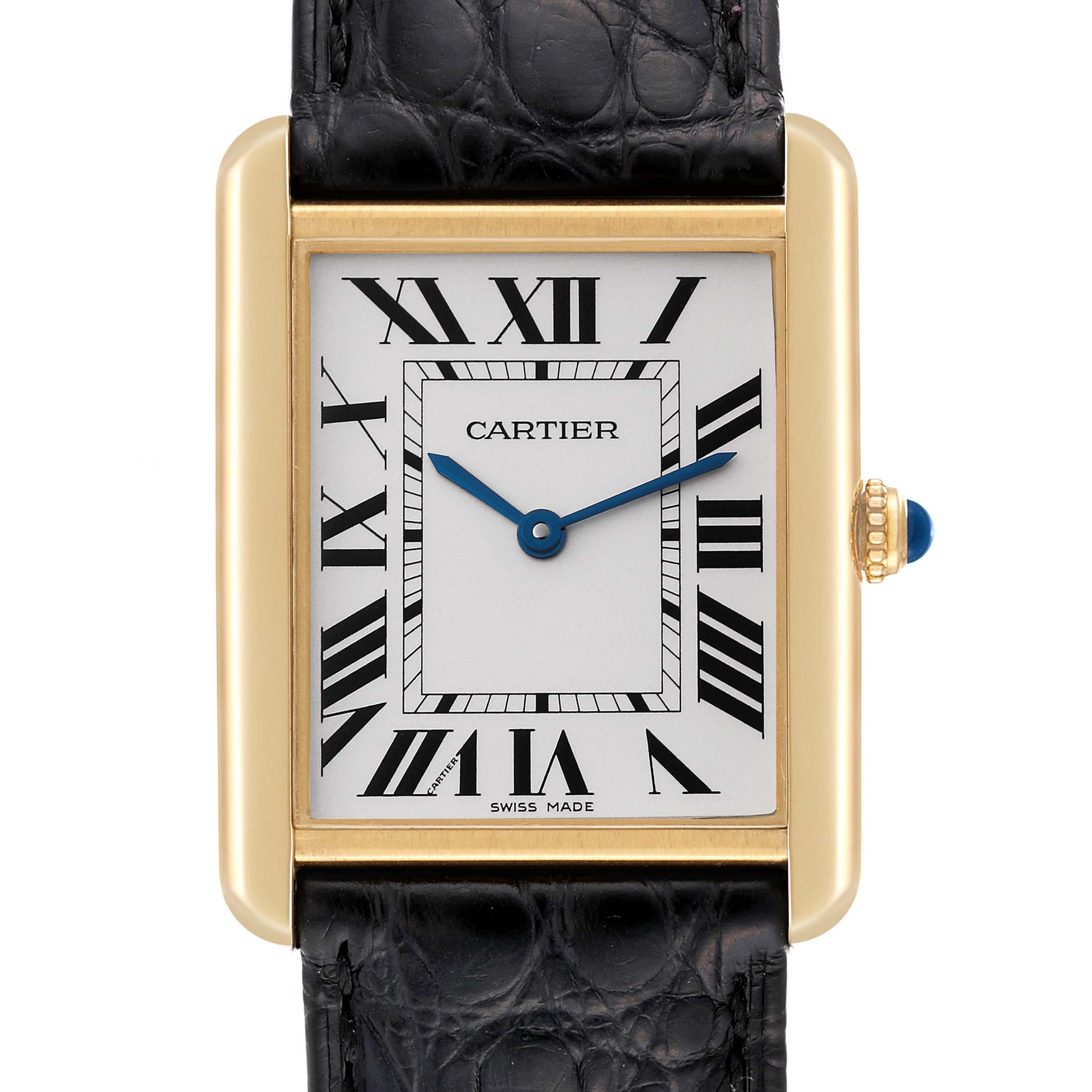 The image shows a close-up frontal view of a Cartier Tank Solo W1018855 Men's Steel and Gold (two tone) Silver Dial W1018855 Men's Steel and Gold (two tone) Silver Dial watch, highlighting its face, gold case, and black leather strap.