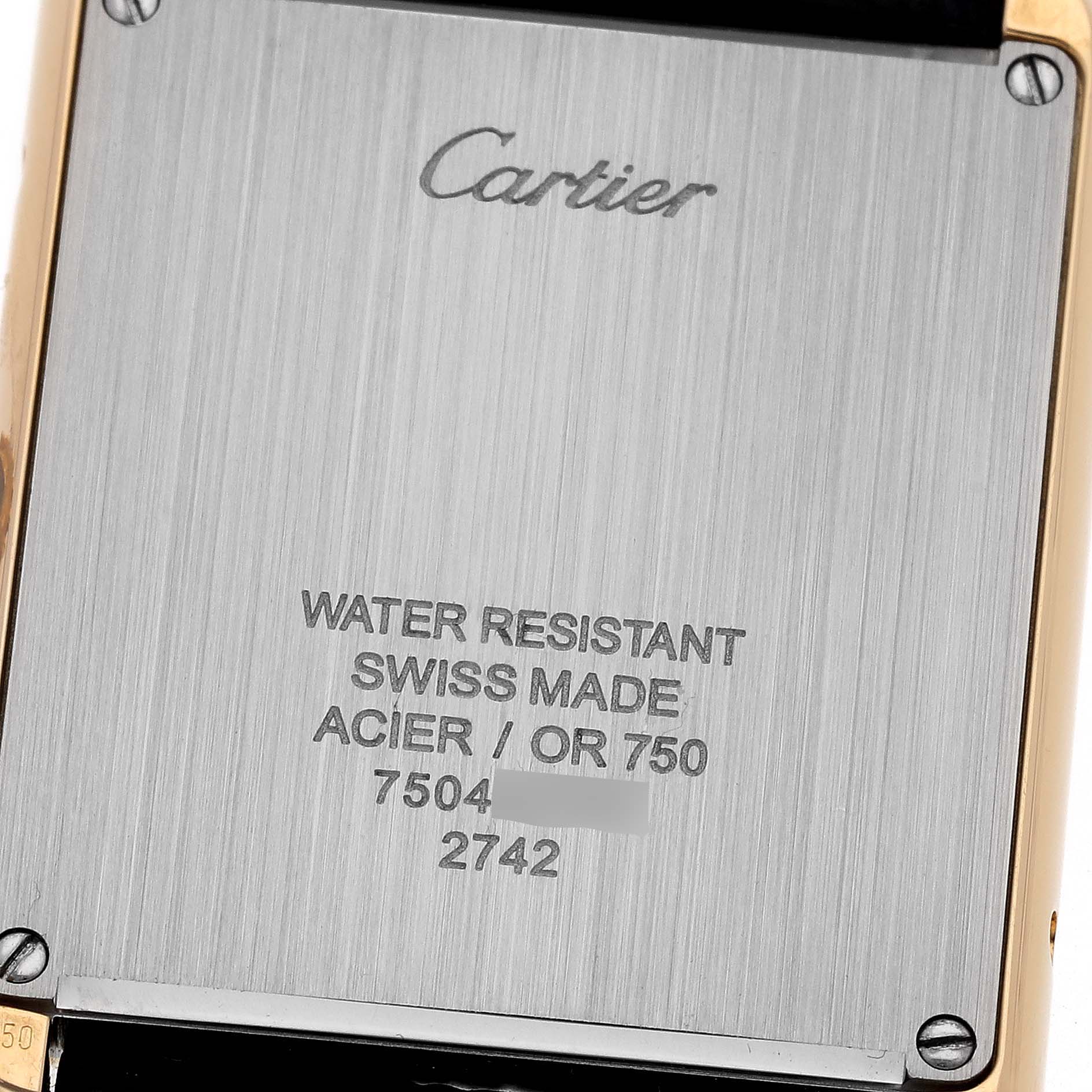 The image shows the back case of a Cartier Tank Solo W1018855 Men's Steel and Gold (two tone) Silver Dial W1018855 Men's Steel and Gold (two tone) Silver Dial watch, highlighting its water resistance, Swiss origin, and material.