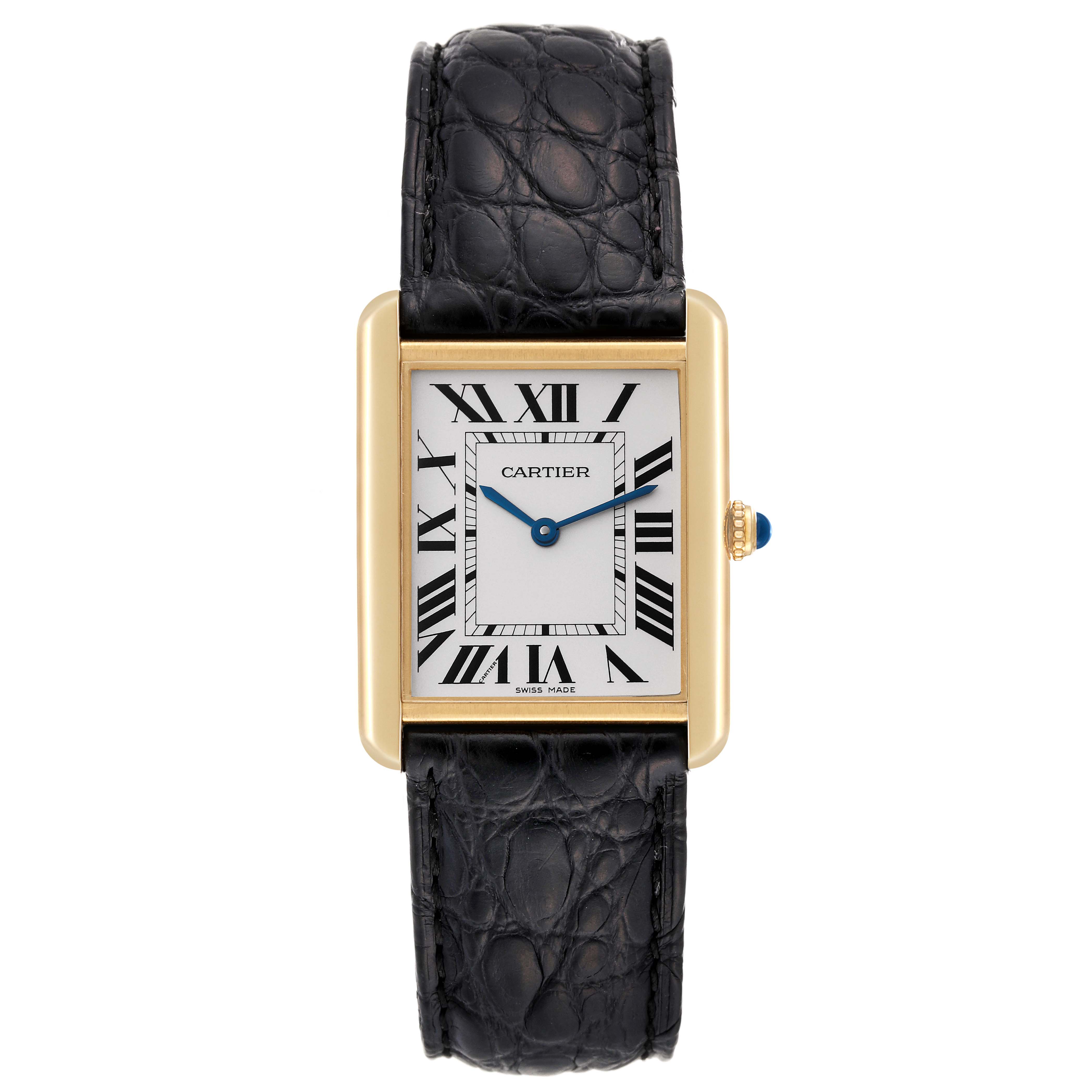 The image shows a Cartier Tank Solo W1018855 Men's Steel and Gold (two tone) Silver Dial W1018855 Men's Steel and Gold (two tone) Silver Dial watch, featuring its rectangular face, Roman numeral dial, blue hands, gold case, and black leather strap.