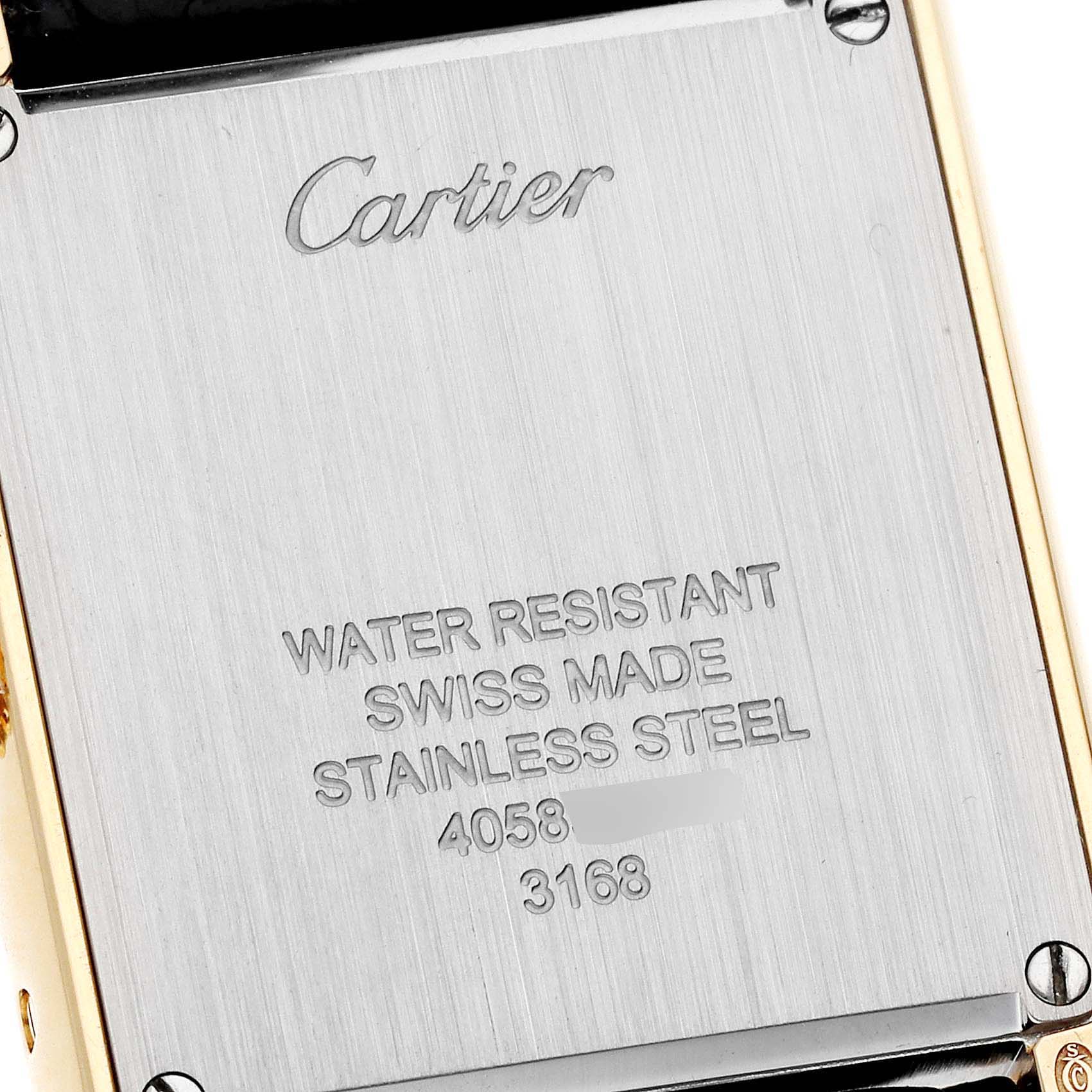 This image shows the back case of the Cartier Tank Solo W5200002 Women
s Yellow Gold Silver Dial W5200002 Women
s Yellow Gold Silver Dial watch, detailing its water resistance, material, and origin.