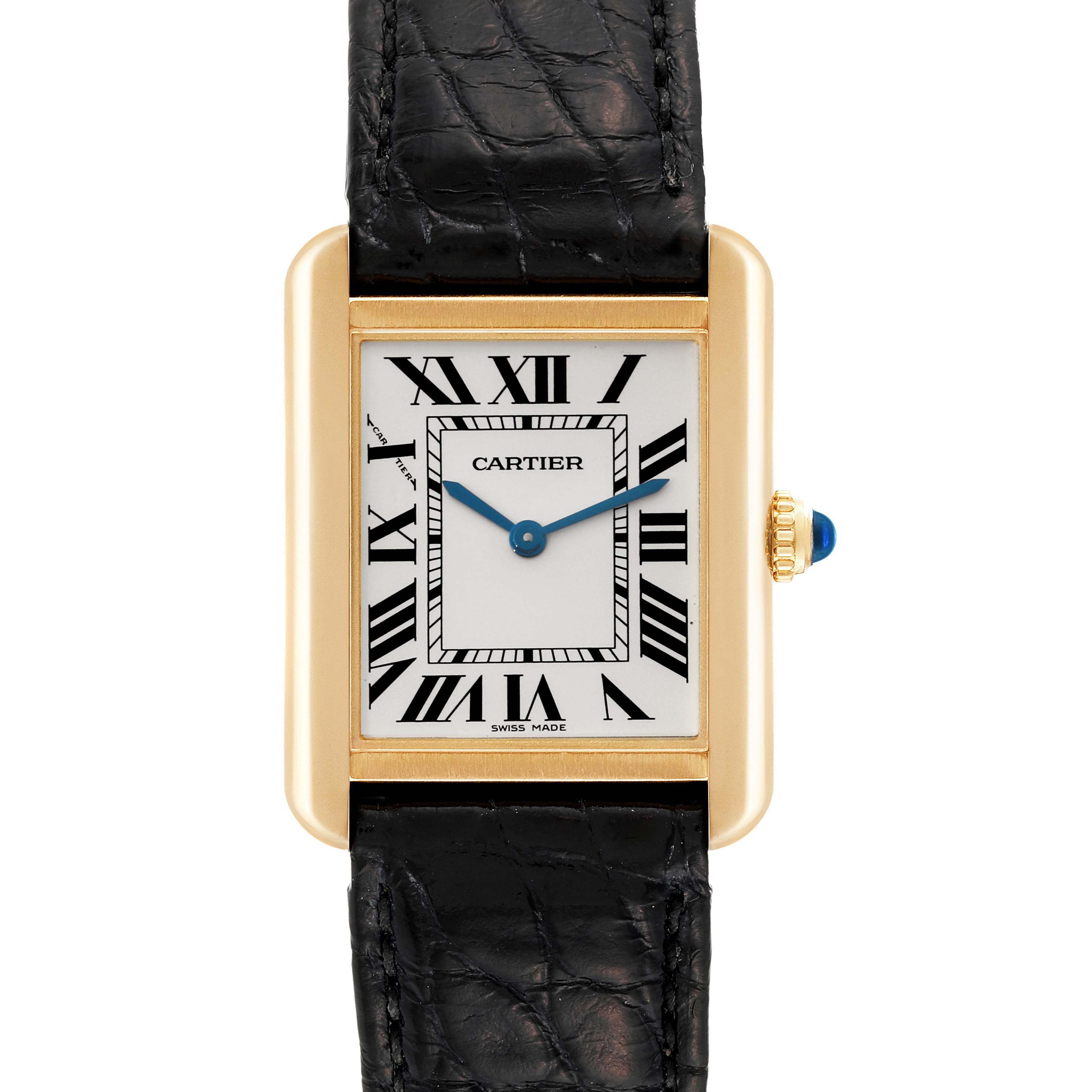 This image shows a frontal view of the Cartier Tank Solo W5200002 Women
s Yellow Gold Silver Dial W5200002 Women
s Yellow Gold Silver Dial watch, displaying its rectangular face, Roman numerals, and leather strap.