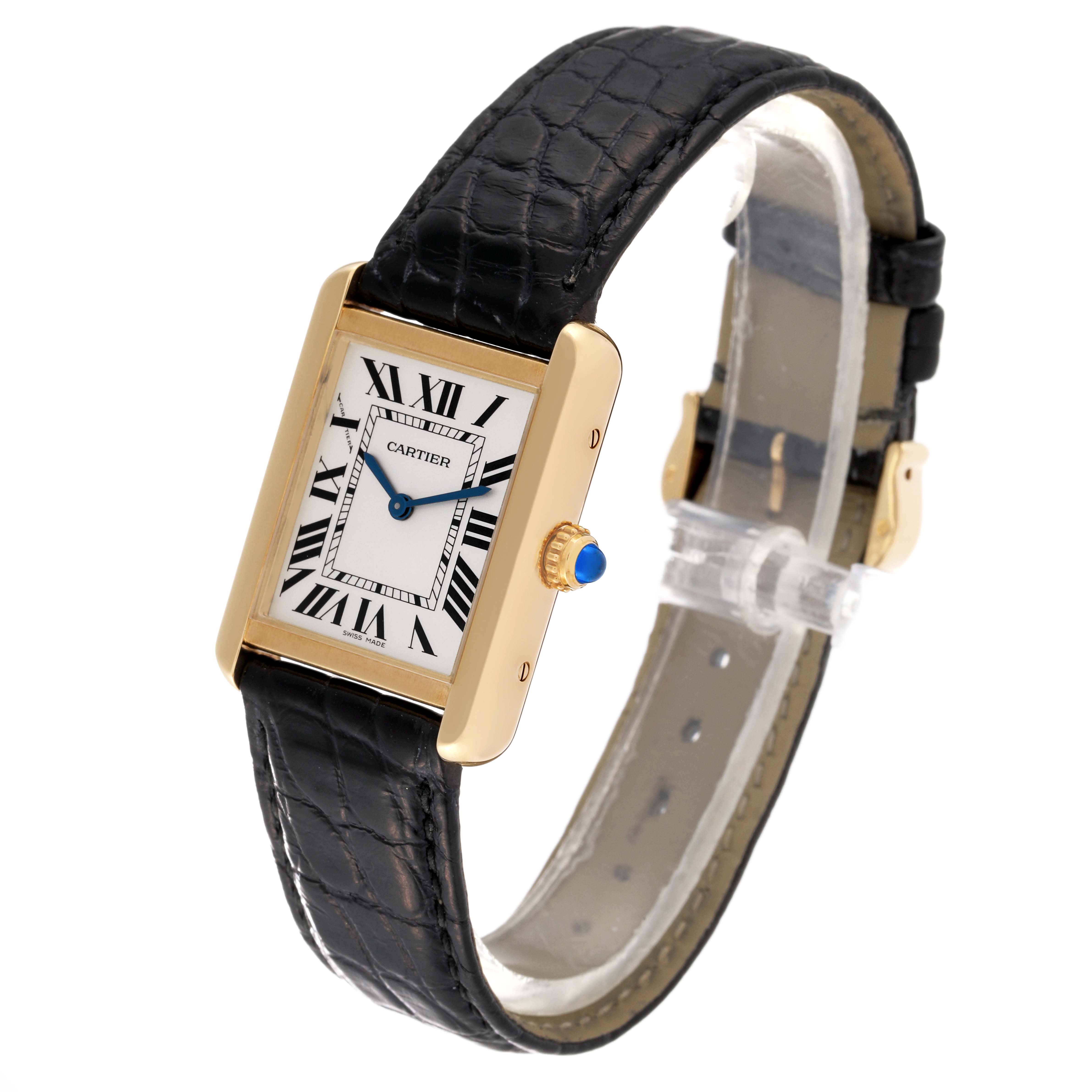 The Cartier Tank Solo W5200002 Women
s Yellow Gold Silver Dial W5200002 Women
s Yellow Gold Silver Dial watch is shown at a slight angle, highlighting the face, black leather strap, and gold case.