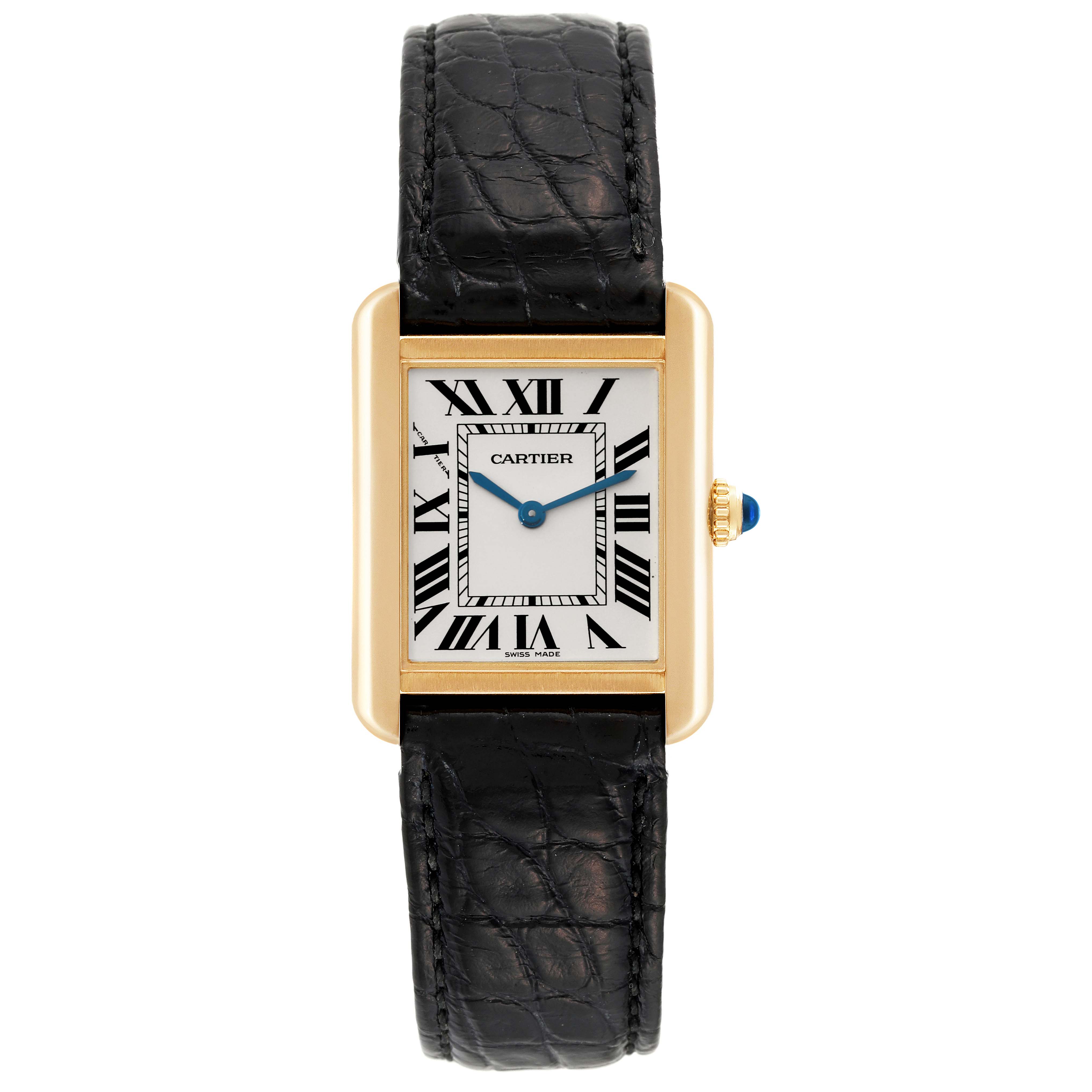 This is a front view of a Cartier Tank Solo W5200002 Women
s Yellow Gold Silver Dial W5200002 Women
s Yellow Gold Silver Dial watch, showing its face, strap, and crown.
