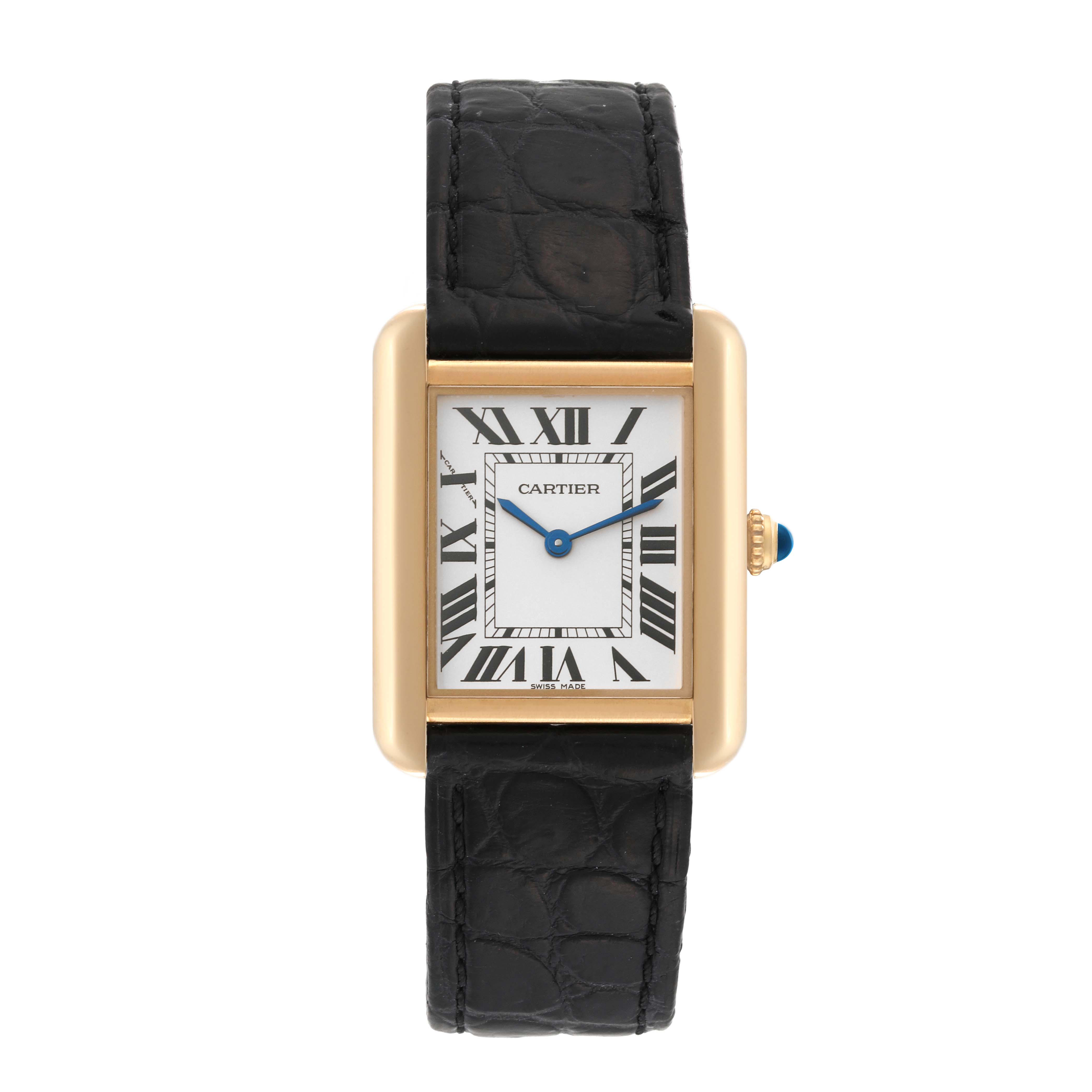 This Cartier Tank Solo W5200002 Women's Yellow Gold Silver Dial W5200002 Women's Yellow Gold Silver Dial watch is shown from a front angle, displaying its rectangular face, Roman numerals, blue hands, and black strap.