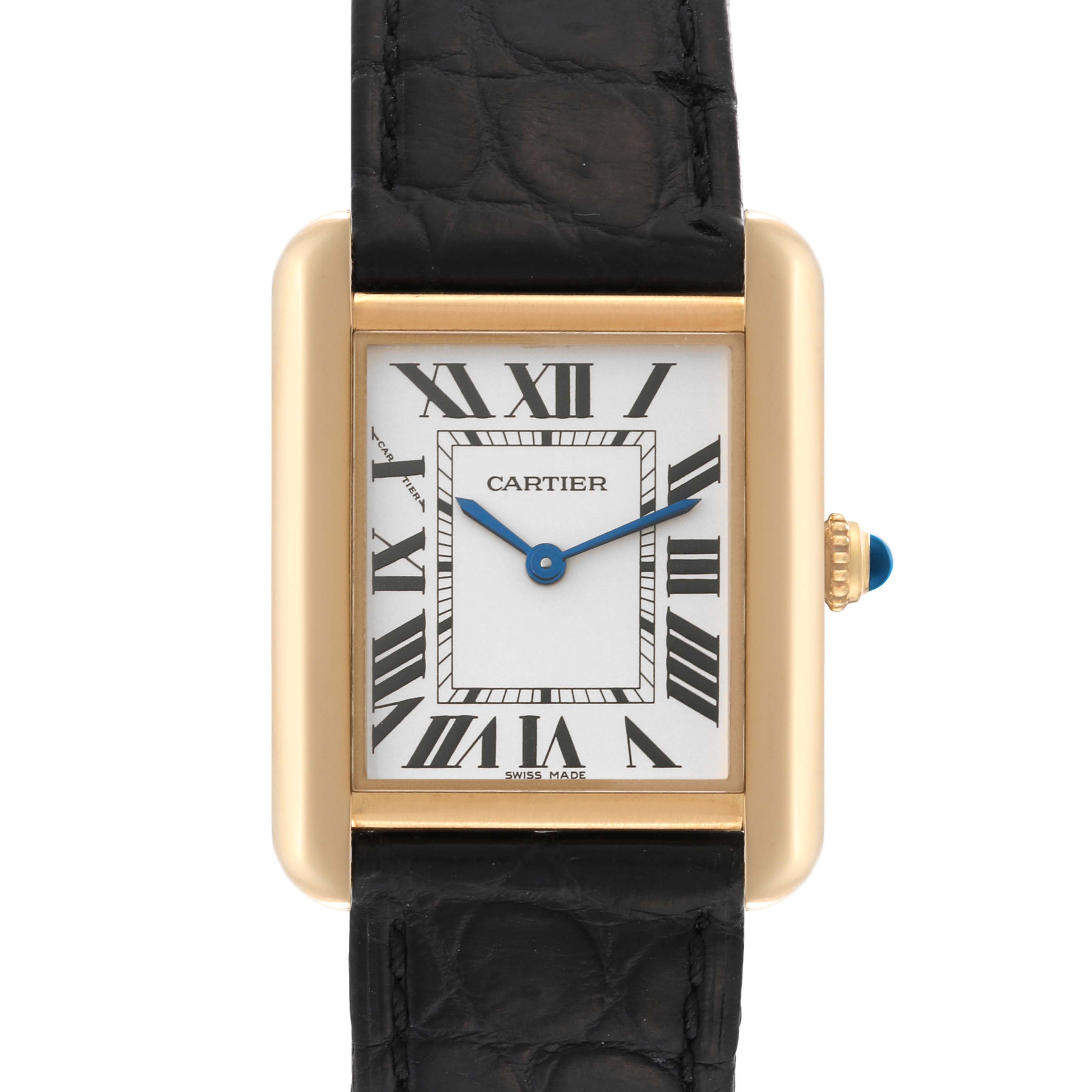 The image shows a front view of the Cartier Tank Solo W5200002 Women's Yellow Gold Silver Dial W5200002 Women's Yellow Gold Silver Dial watch, highlighting its face, Roman numerals, and black leather strap.