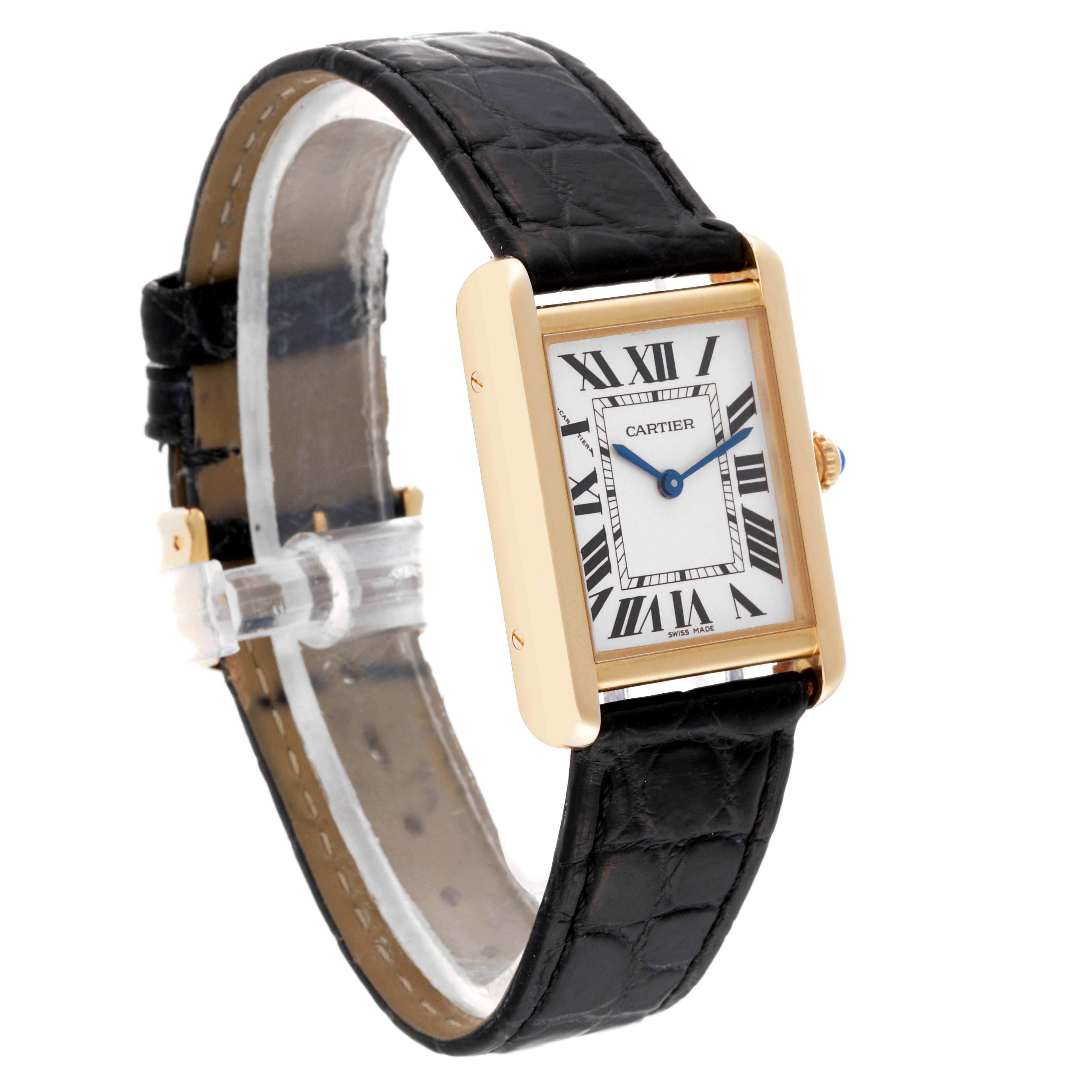 The image shows the Cartier Tank Solo W5200002 Women's Yellow Gold Silver Dial W5200002 Women's Yellow Gold Silver Dial watch from an angled side and front view, displaying its face and black leather strap.