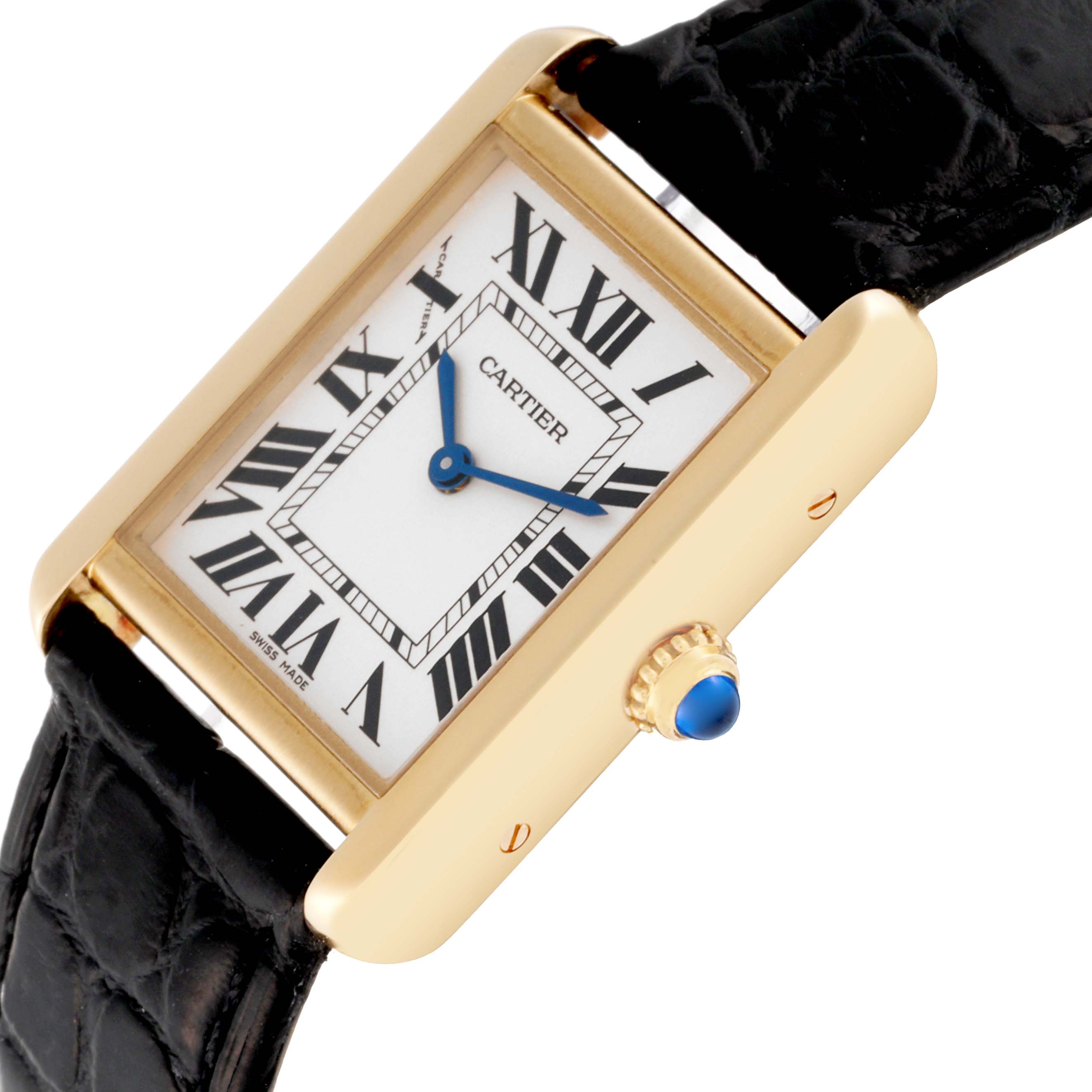 The Cartier Tank Solo W5200002 Women's Yellow Gold Silver Dial W5200002 Women's Yellow Gold Silver Dial watch is shown from a tilted angle, highlighting its rectangular face and black leather strap.