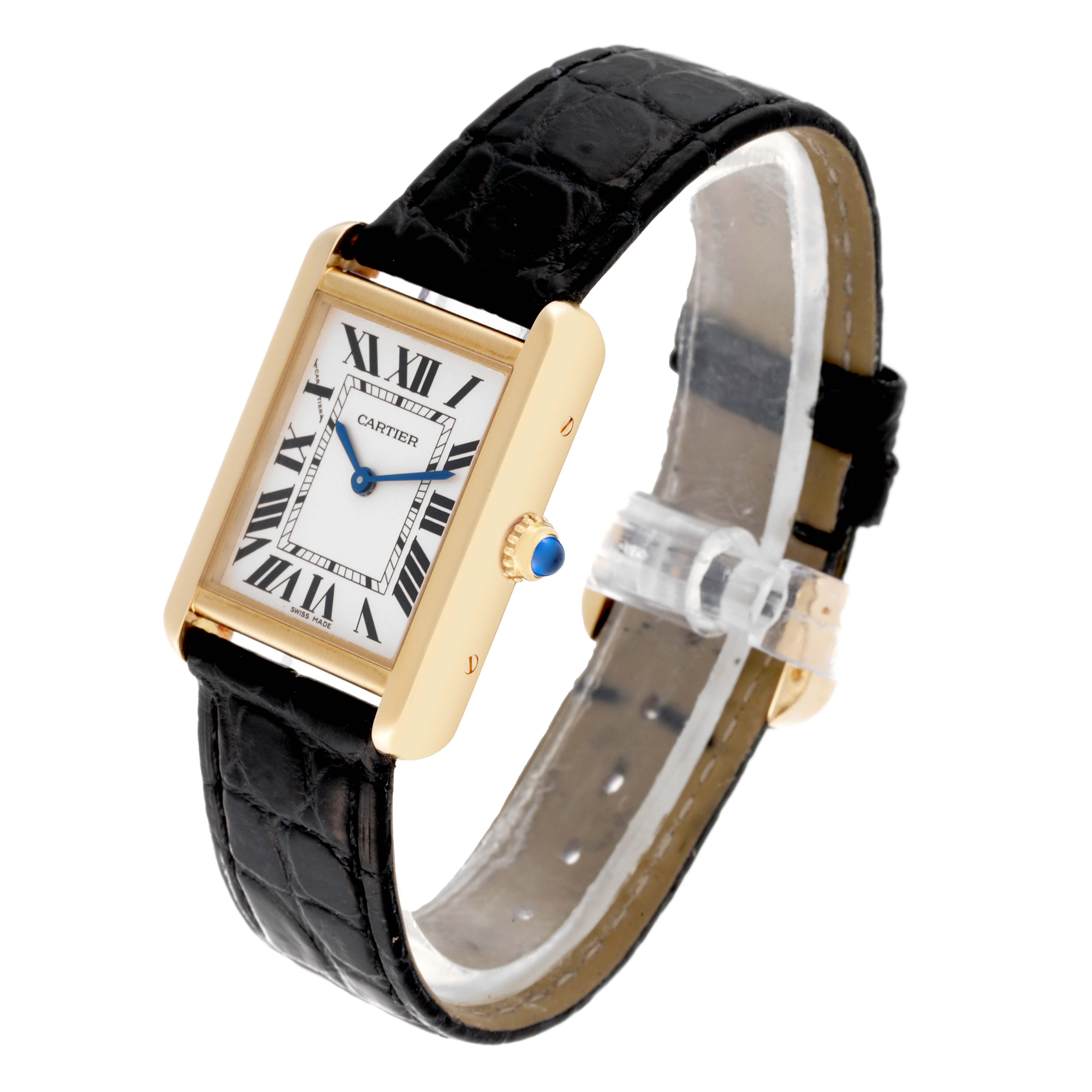 This Cartier Tank Solo W5200002 Women's Yellow Gold Silver Dial W5200002 Women's Yellow Gold Silver Dial watch is shown at a slight angle, displaying its rectangular face, Roman numerals, and black leather strap.